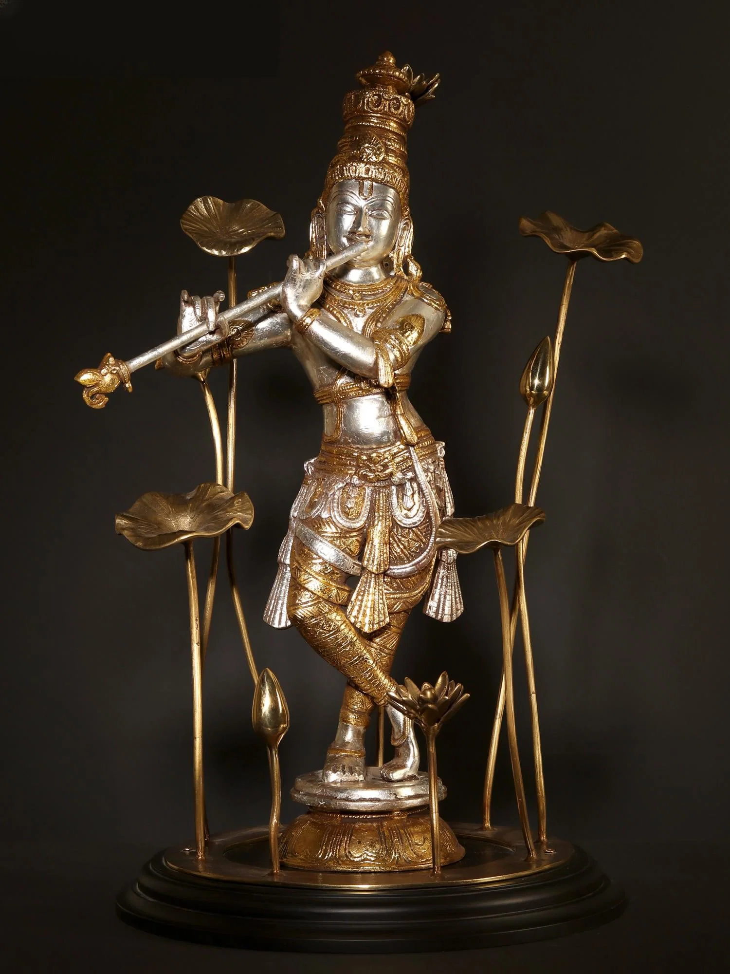 24" Lord Krishna Idol Standing on Flowers Design Pedestal Playing Flute | Brass and Wood