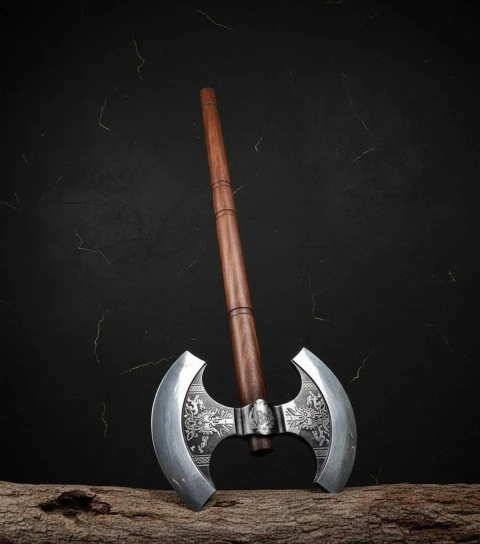 28" Two Handed Viking Battle Axe Hand Forged Double Blade 1066 Steel with Sheath