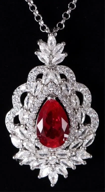 2CT RUBY STERLING SILVER LADIES NECKLACE W CRYSTAL