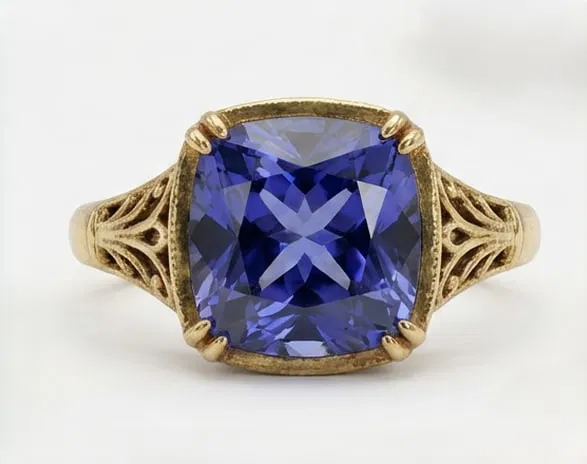 3.0 Ct Cushion Natural Tanzanite 14K Yellow Gold Vintage Scroll/Filigree Solitaire Ring –