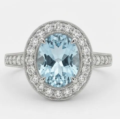 3.0 Ct Oval Natural Aquamarine 14K White Gold Halo Setting with Split Shank Ring – Certified