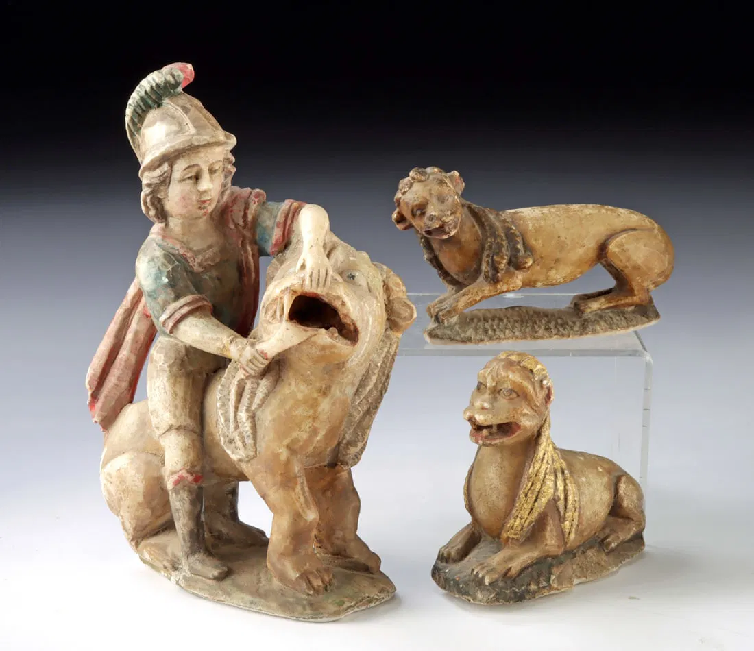 3 Colonial Peru Alabaster Figures - Samson w/ Lions