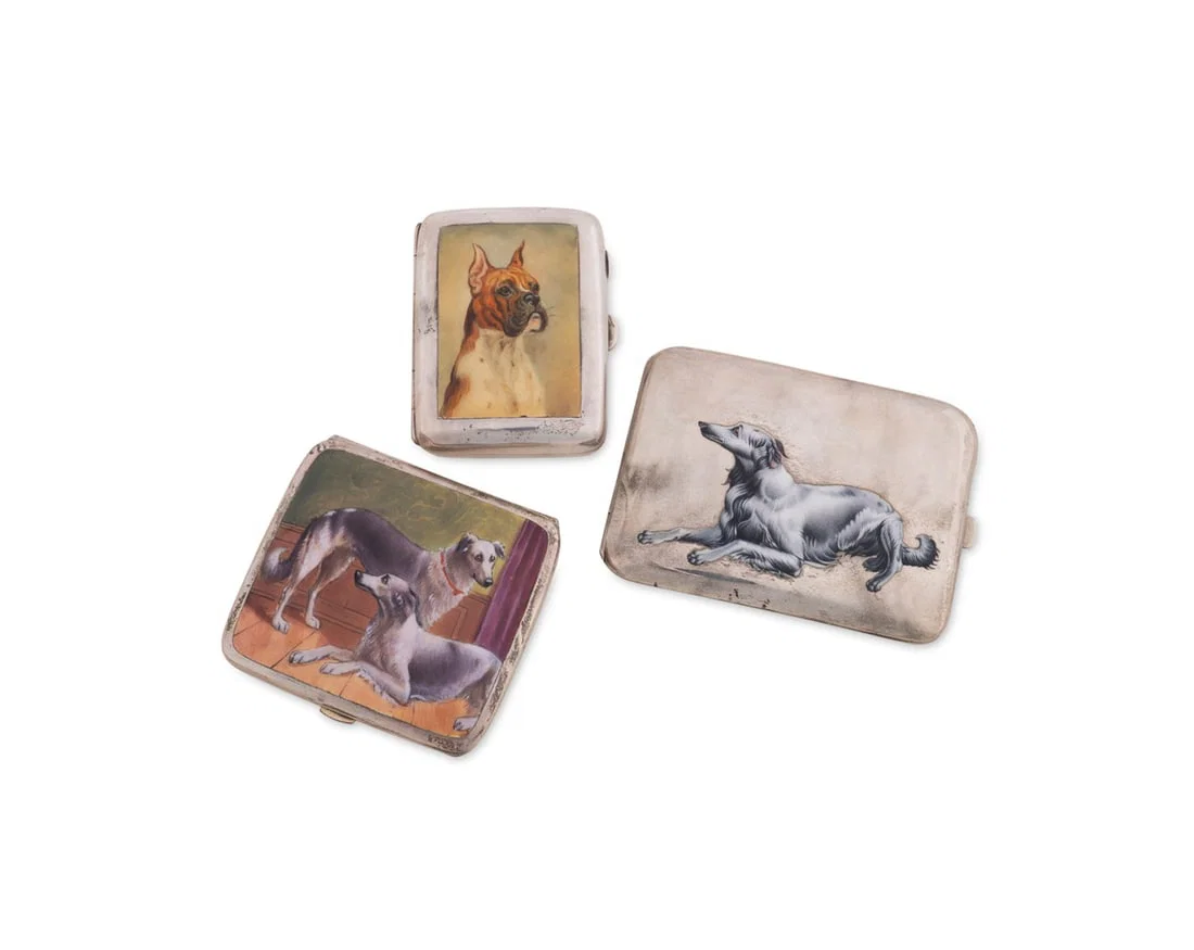 3 DOG MOTIF ENAMEL & STERLING CIGARETTE CASES