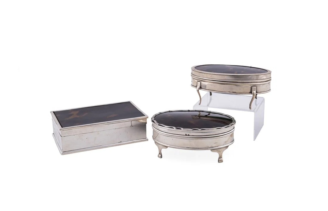 3 ENGLISH E. 20TH C. SHELL & SILVER DRESSER BOXES