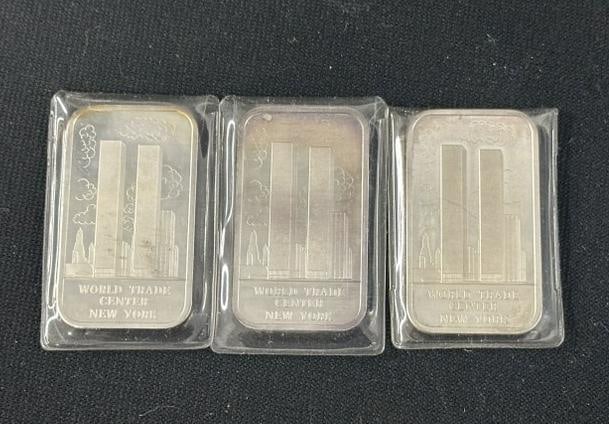 (3) one ounce .999 pure silver WORLD TRADE CENTER bars, distributed by MADISON MINT, from estate