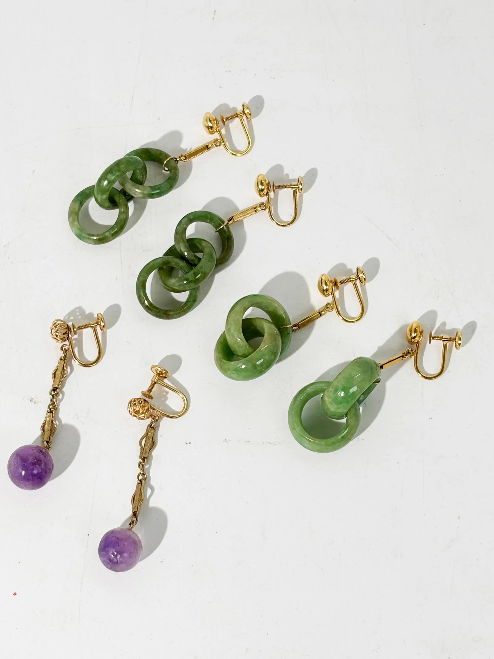 3 Pr Chinese Qing Earrings Jadeite Rings Amethyst