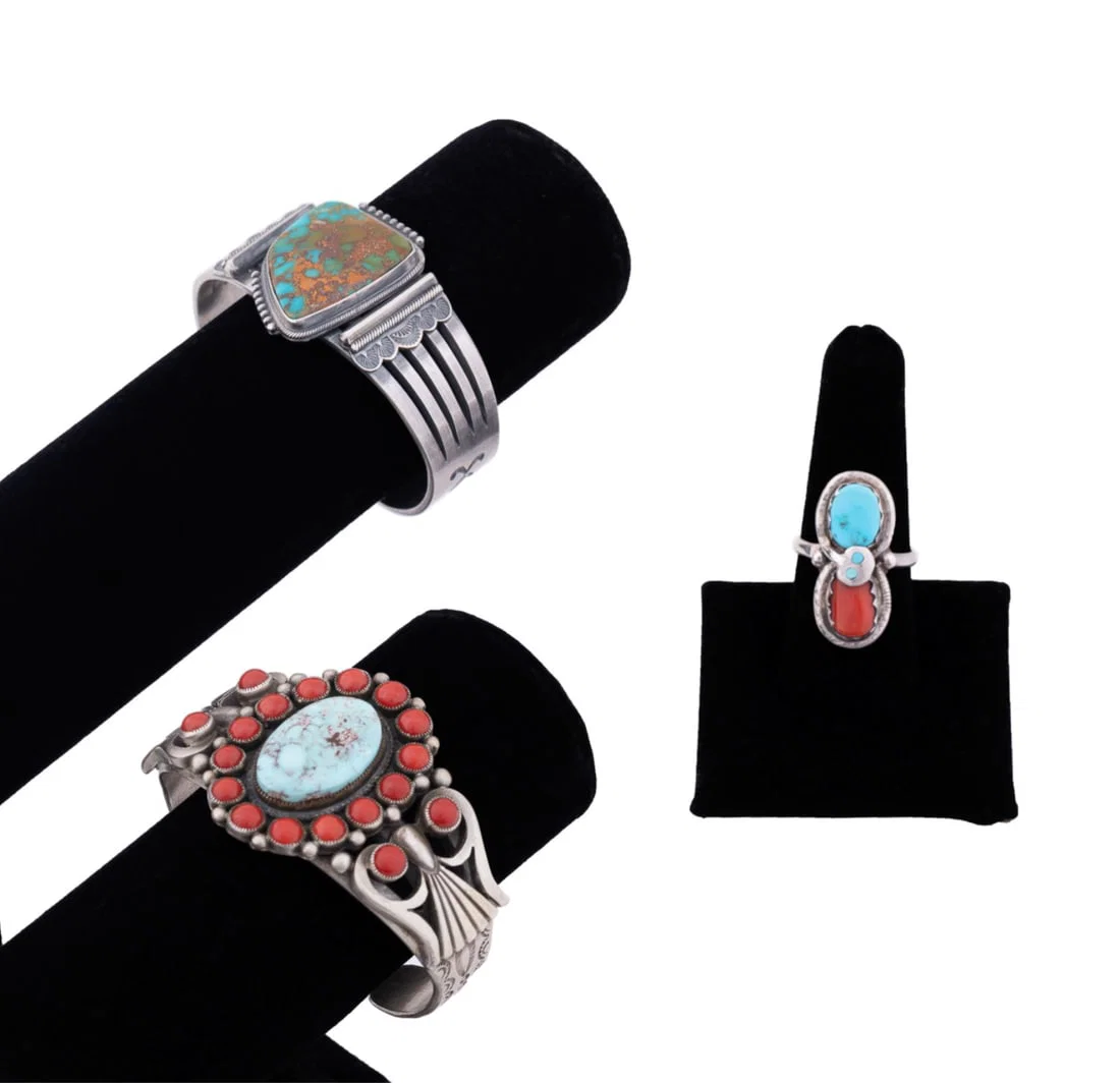 3 ZUNI / NAVAJO CORAL, TURQUOISE & STERLING PIECES