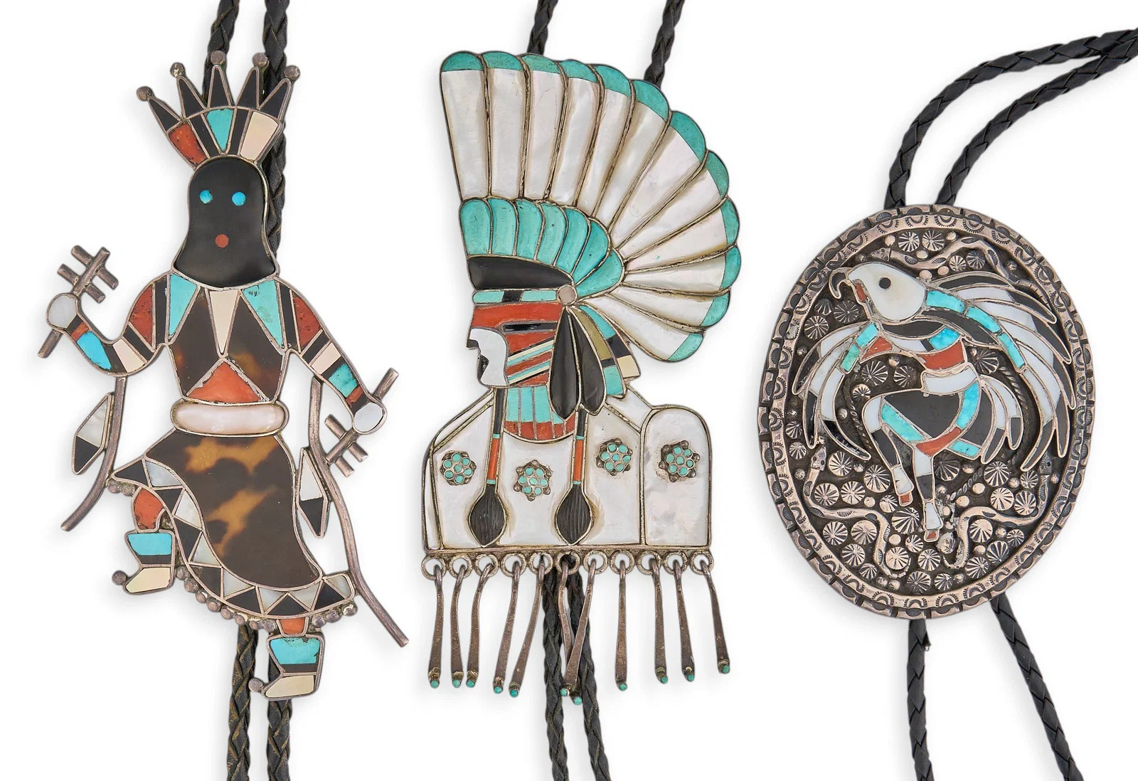 (3) Zuni Sterling & Multi-Stone Inlay Figural Bolos