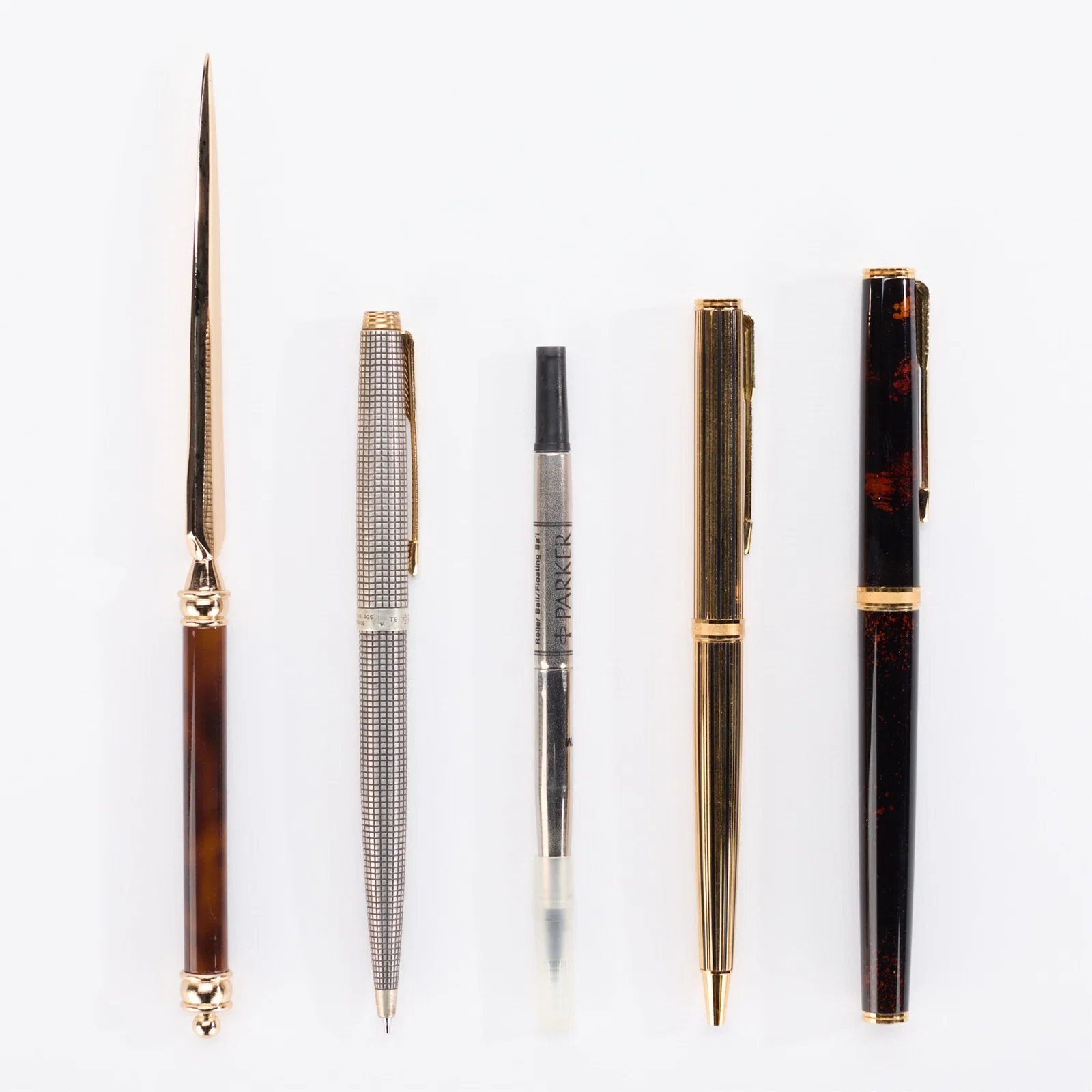 4 Luxury Desk Items: 3 Parker Ballpoint Pens, 1 Sterling 925 Pencil, & 1 Colibri Letter Opener