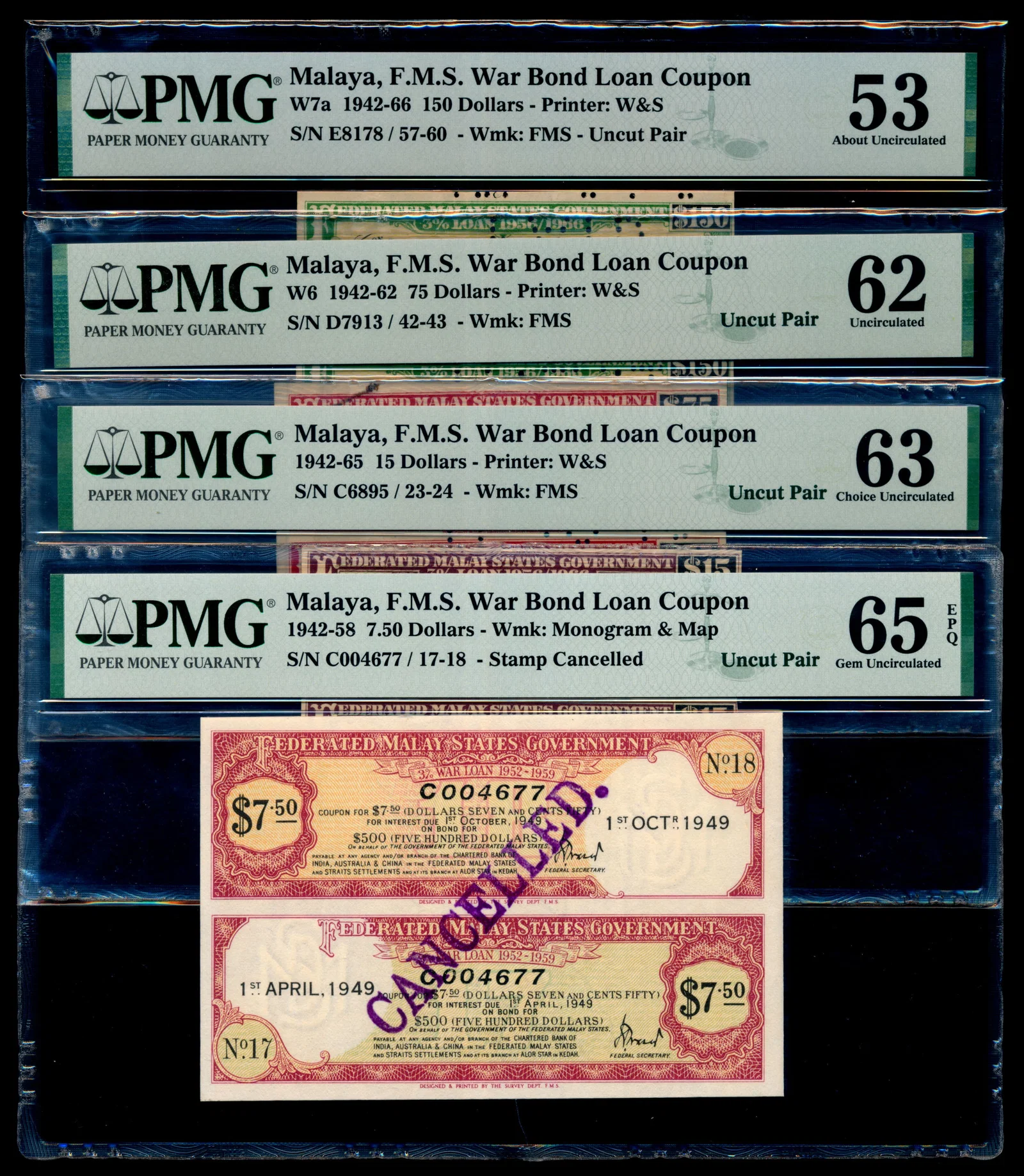 4 Malaya FMS 1942-66 War Bond Loan Coupons