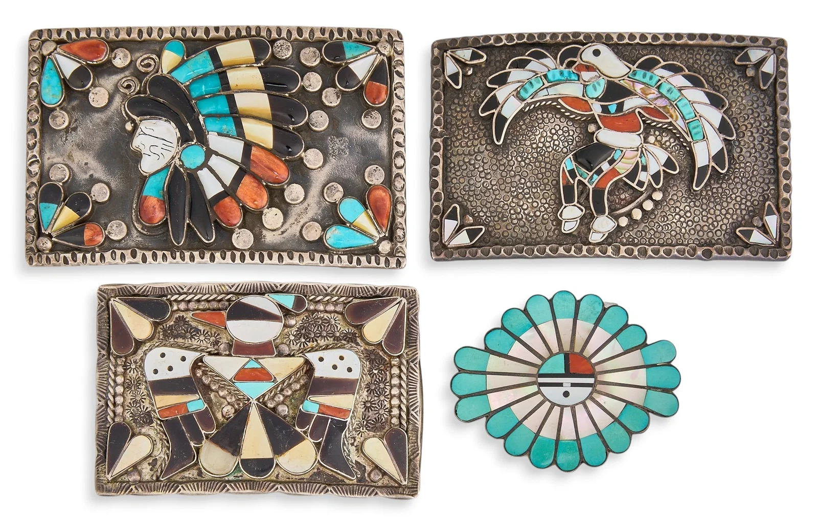 (4) Native American Sterling & Multi-Stone Inlay Buckles