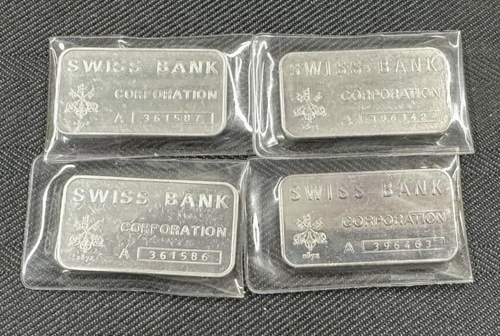 (4) one ounce 999 SWISS BANK silver bars, from estate collection we are selling, all in plastic