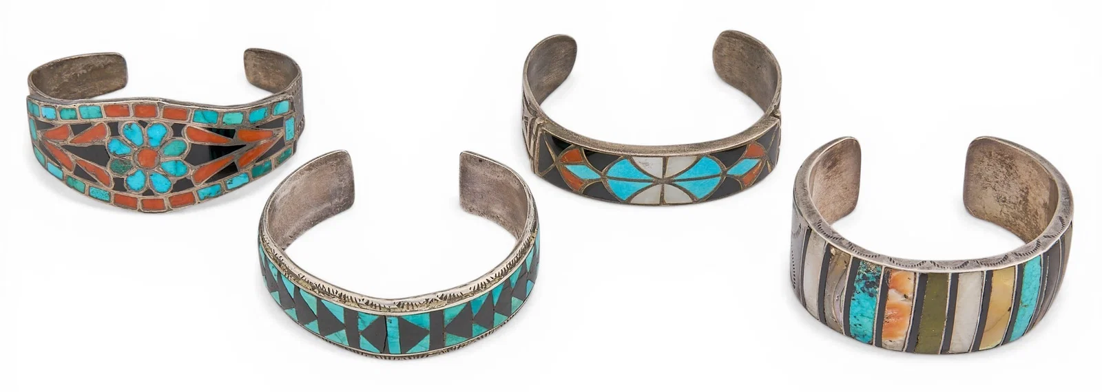 (4) Sterling & Multi-Stone Inlay Cuffs