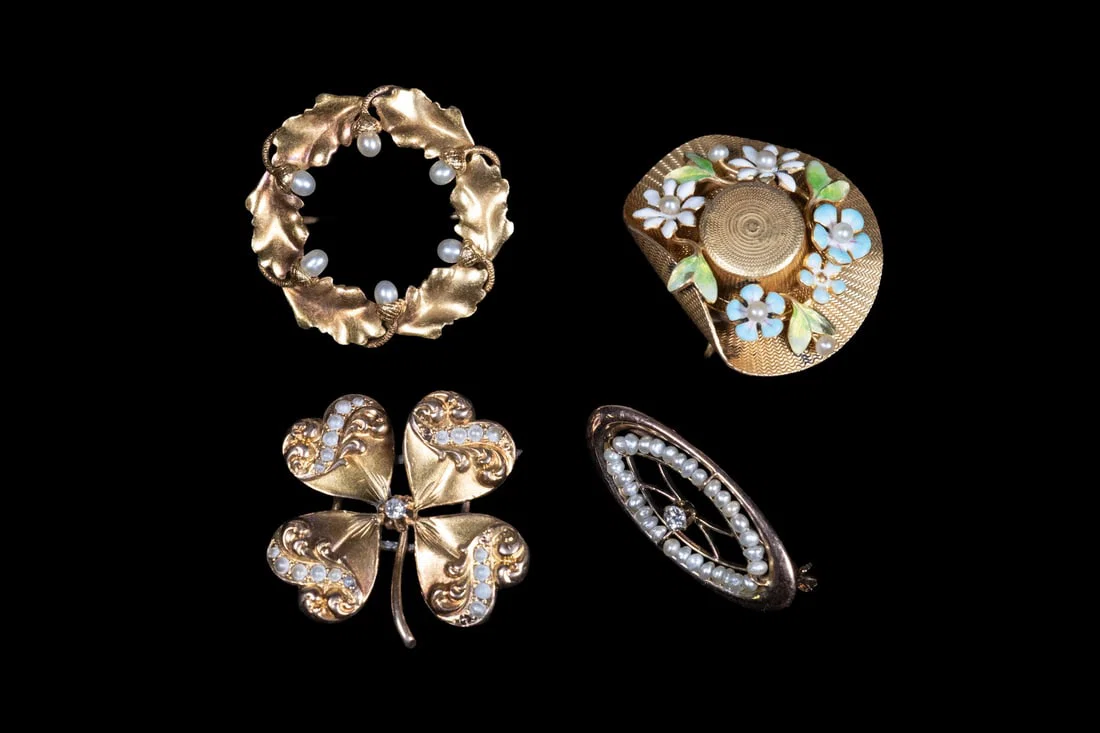 (4) YELLOW GOLD, DIAMOND, AND SEED PEARL BROOCHES