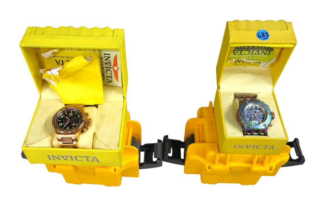 4pc lot: 2 Invicta watches, boxes, hard shell watch boxes