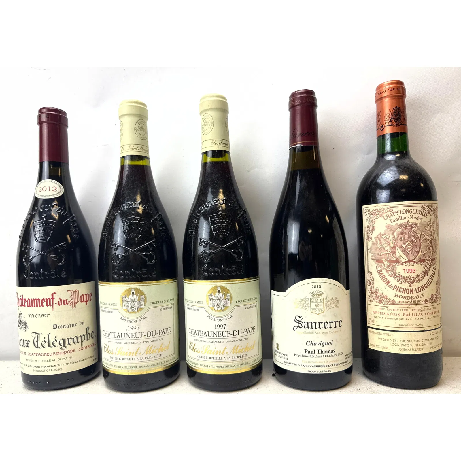 5 Bottles Wine. vintage French wine from the Rhone Valley, Loire Valley, and Bordeaux regions. The a