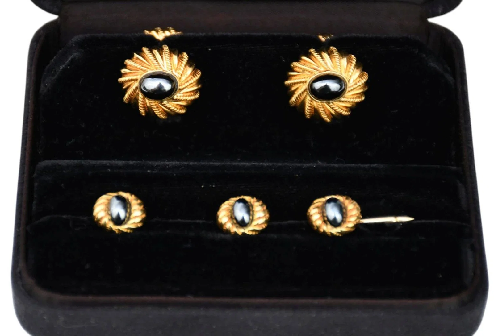 5 pc Vintage 18K Yellow Gold Tiffany & Co. Jean Schlumberger Hematite Dress Set. Wt. 26.8 grams with
