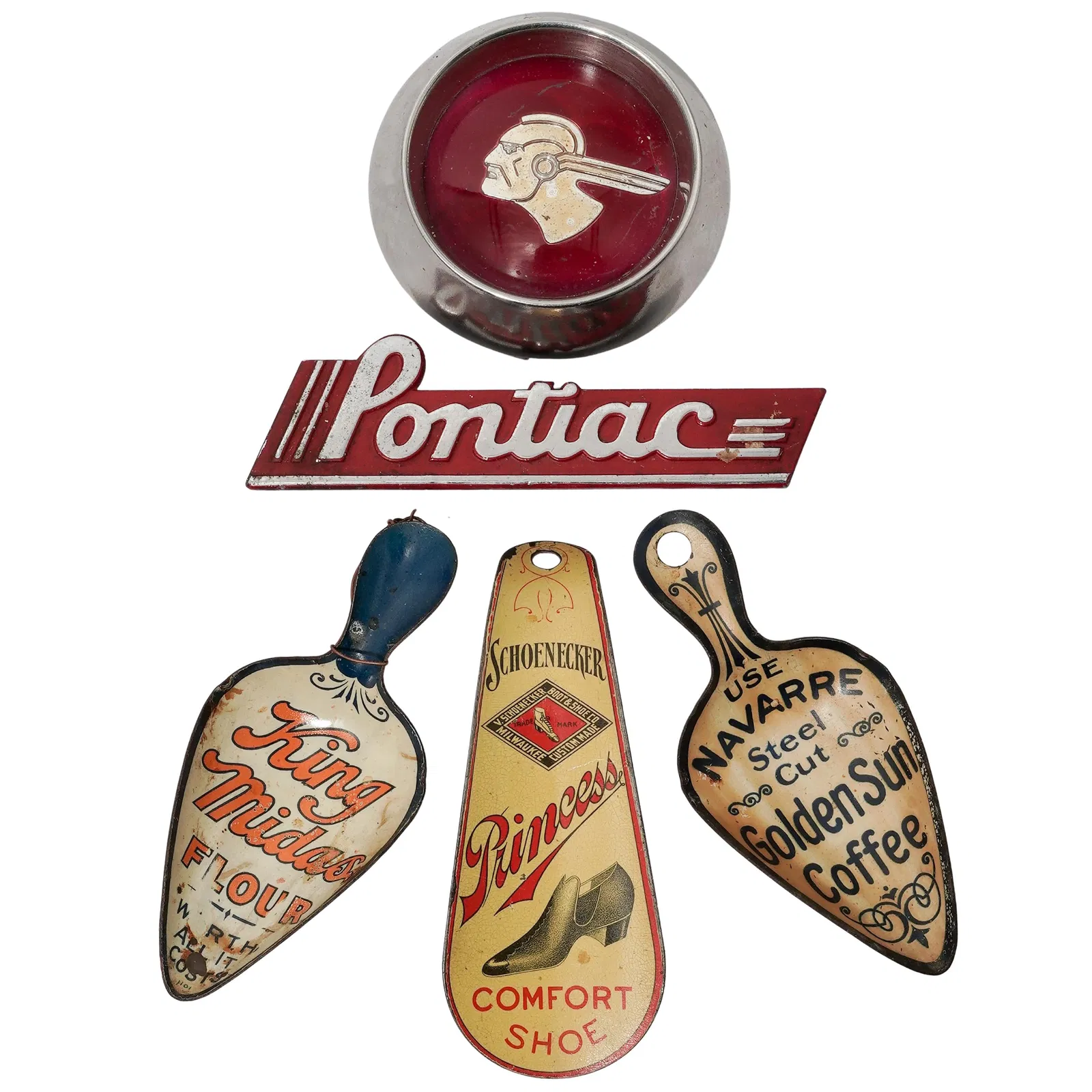 (5 pcs) Adware Tin Litho Badges, Scoops, Shoe Horn