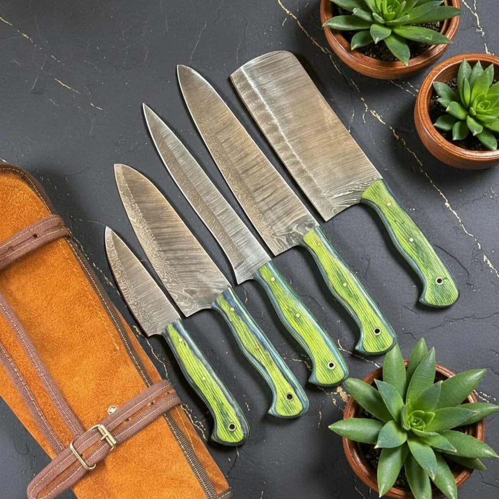5-Piece Damascus Steel Chef Knife Set | Pakka Wood Handles & Leather Sheath