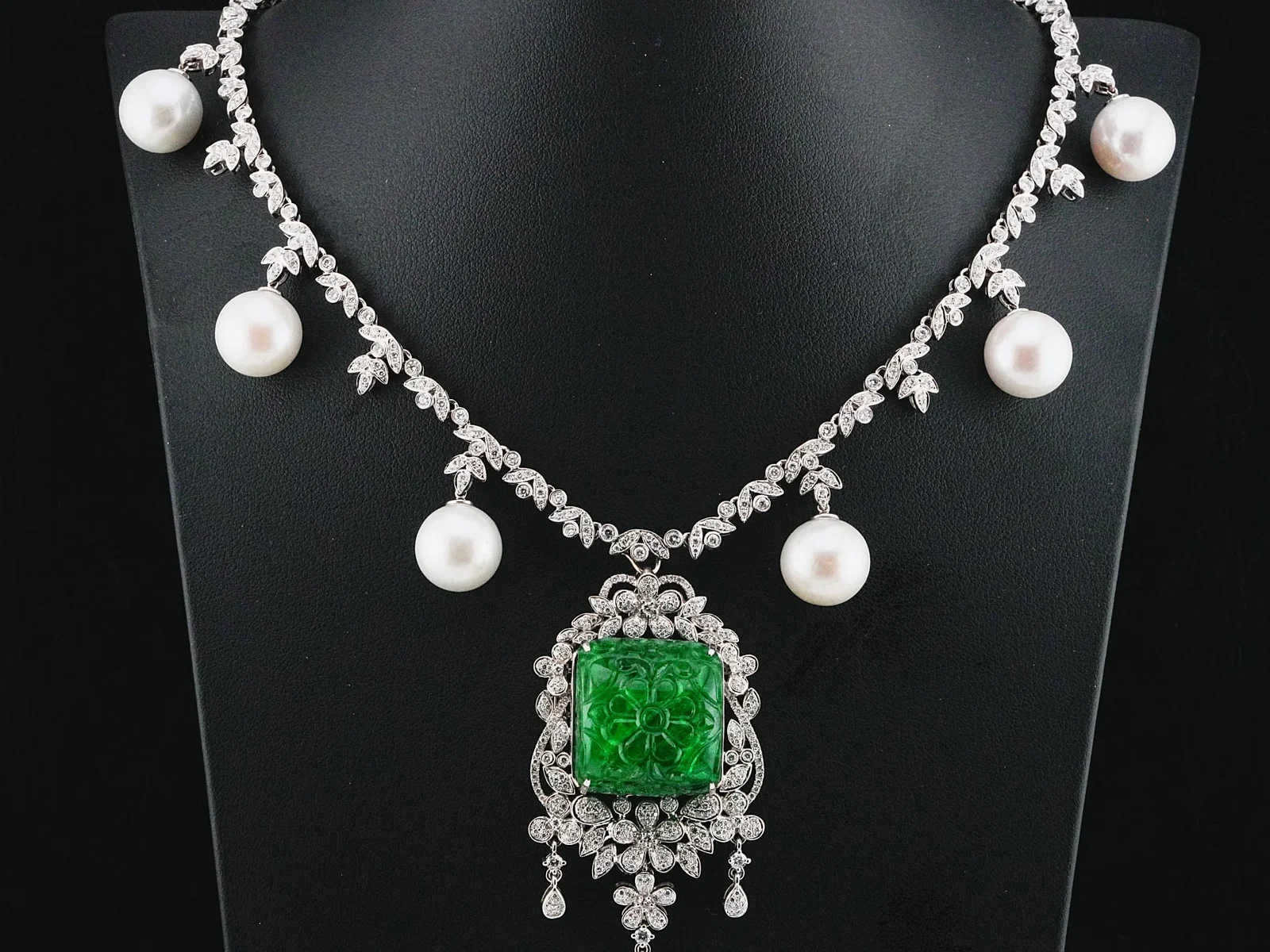 54.50ct Emerald, 9.25ctw Diamond, Pearl, 18K Necklace
