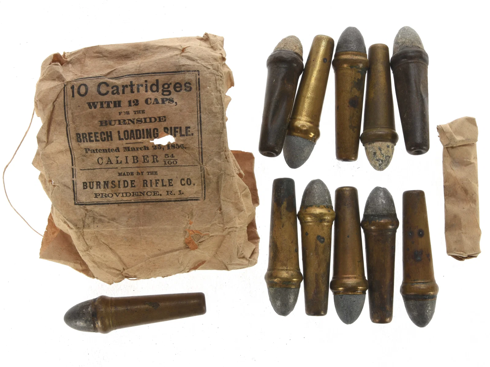 .54 Burnside Carbine Cartridges: Fragmented Packet of 10 Rounds, Caps, and 1 Extra Round For Display