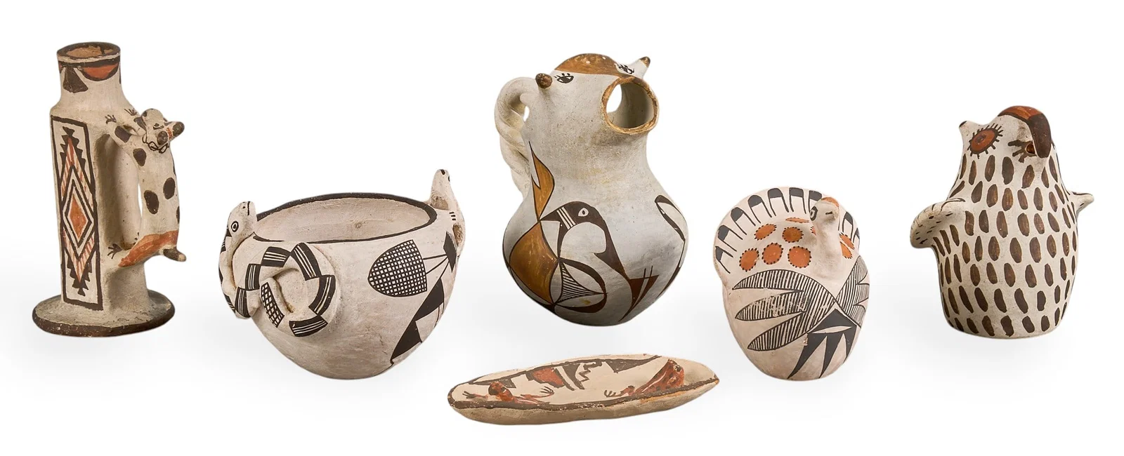 (6) Acoma Pueblo Animal Motif Pottery Vessels