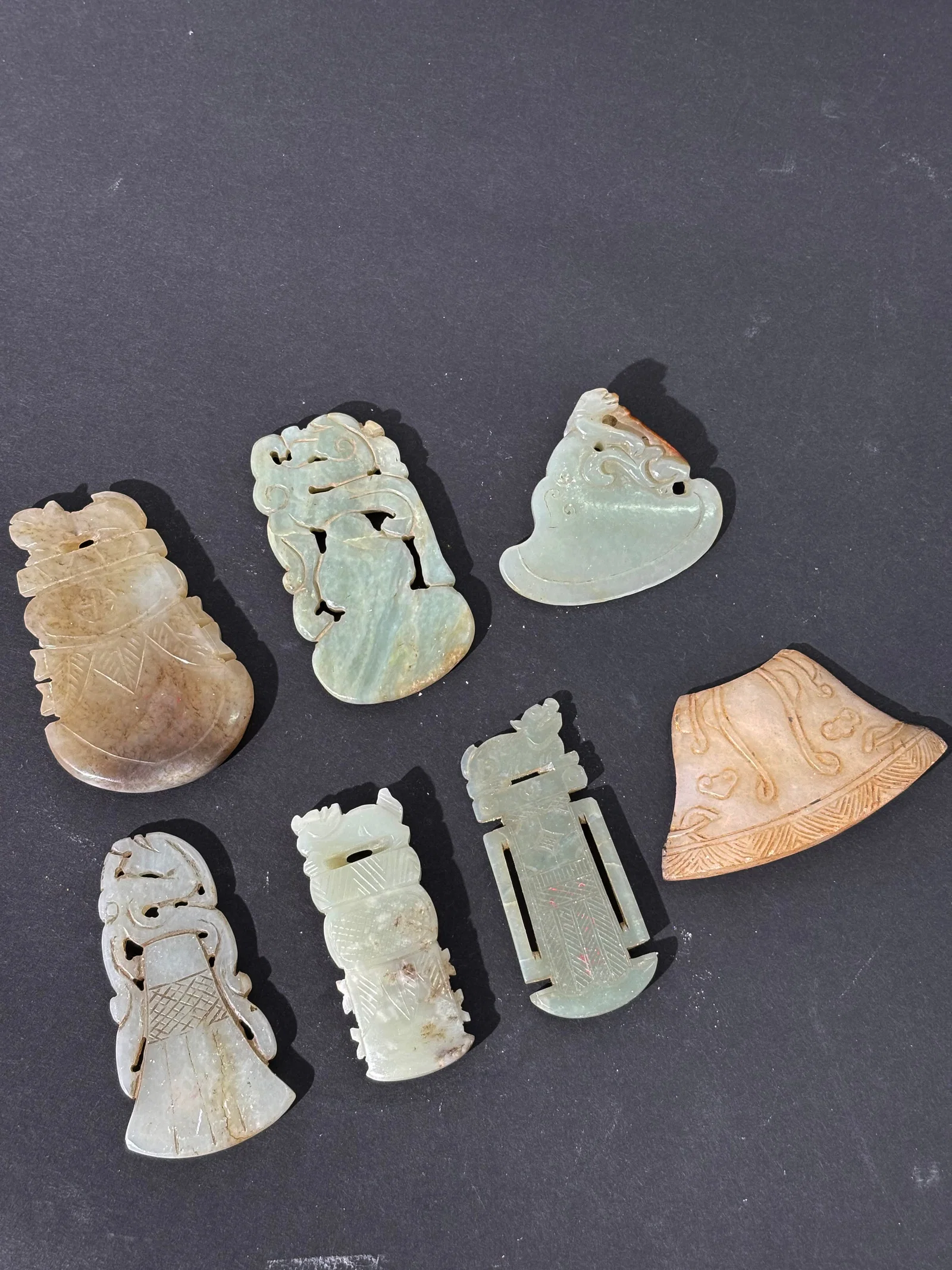 6 Chinese Qing Jade Axe Head Pendants; 1 Plaque