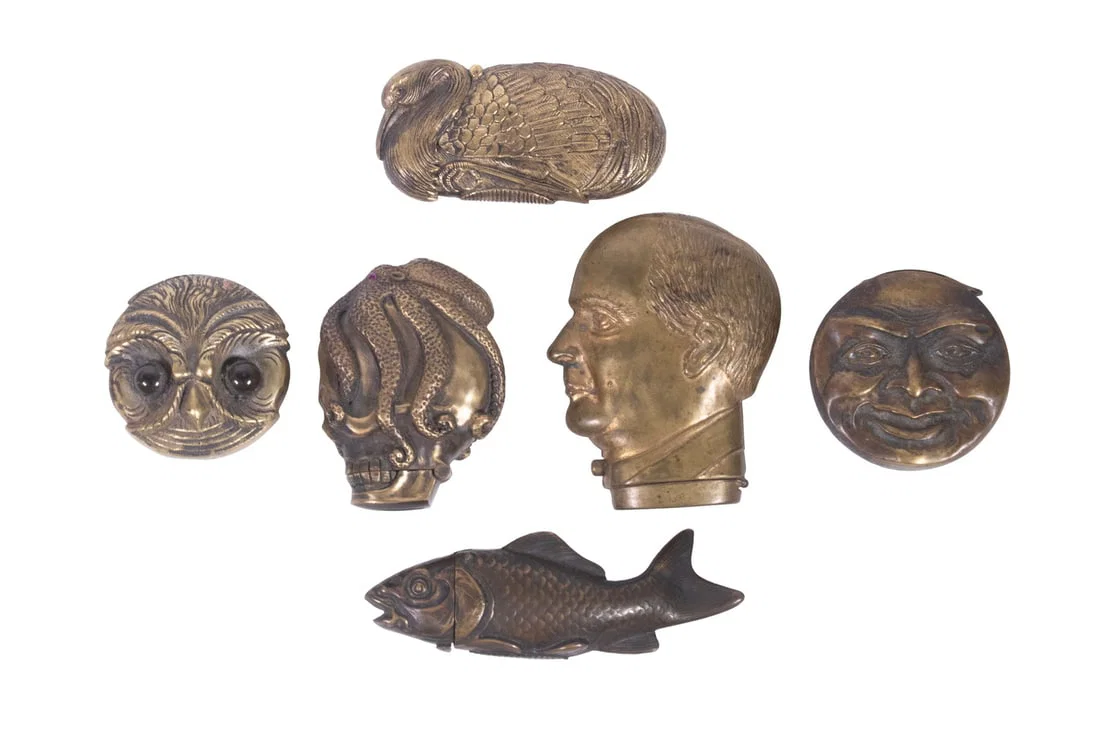 (6) FIGURAL BRASS POCKET MATCH SAFES