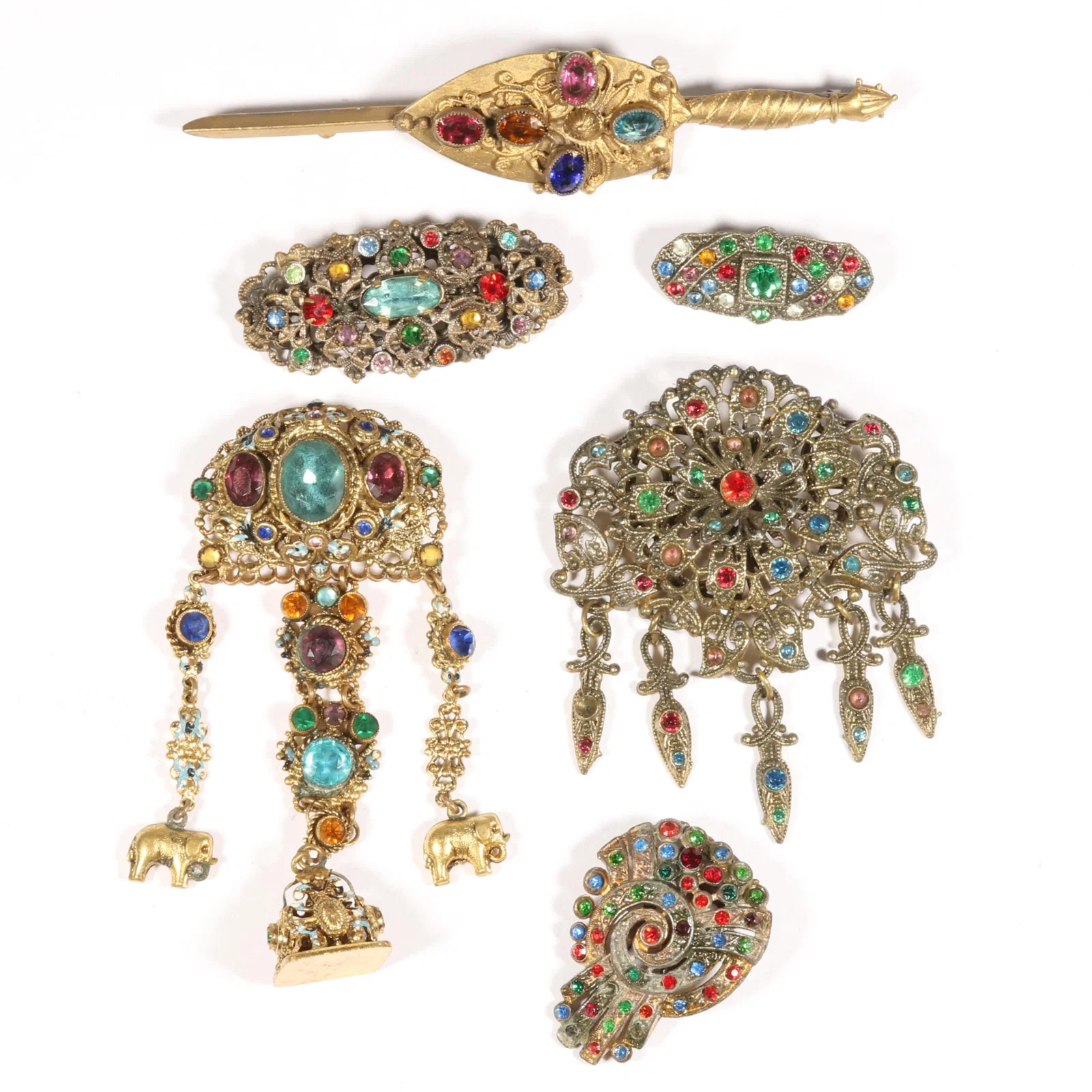 6pc Art Deco multi colored rhinestone Czech glass jewelry group with brooches and dress clip 7/8"H x