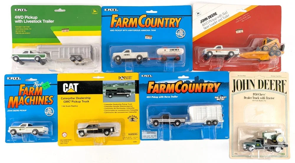 (7) 1/64 Ertl Pickup Trucks and Trailers