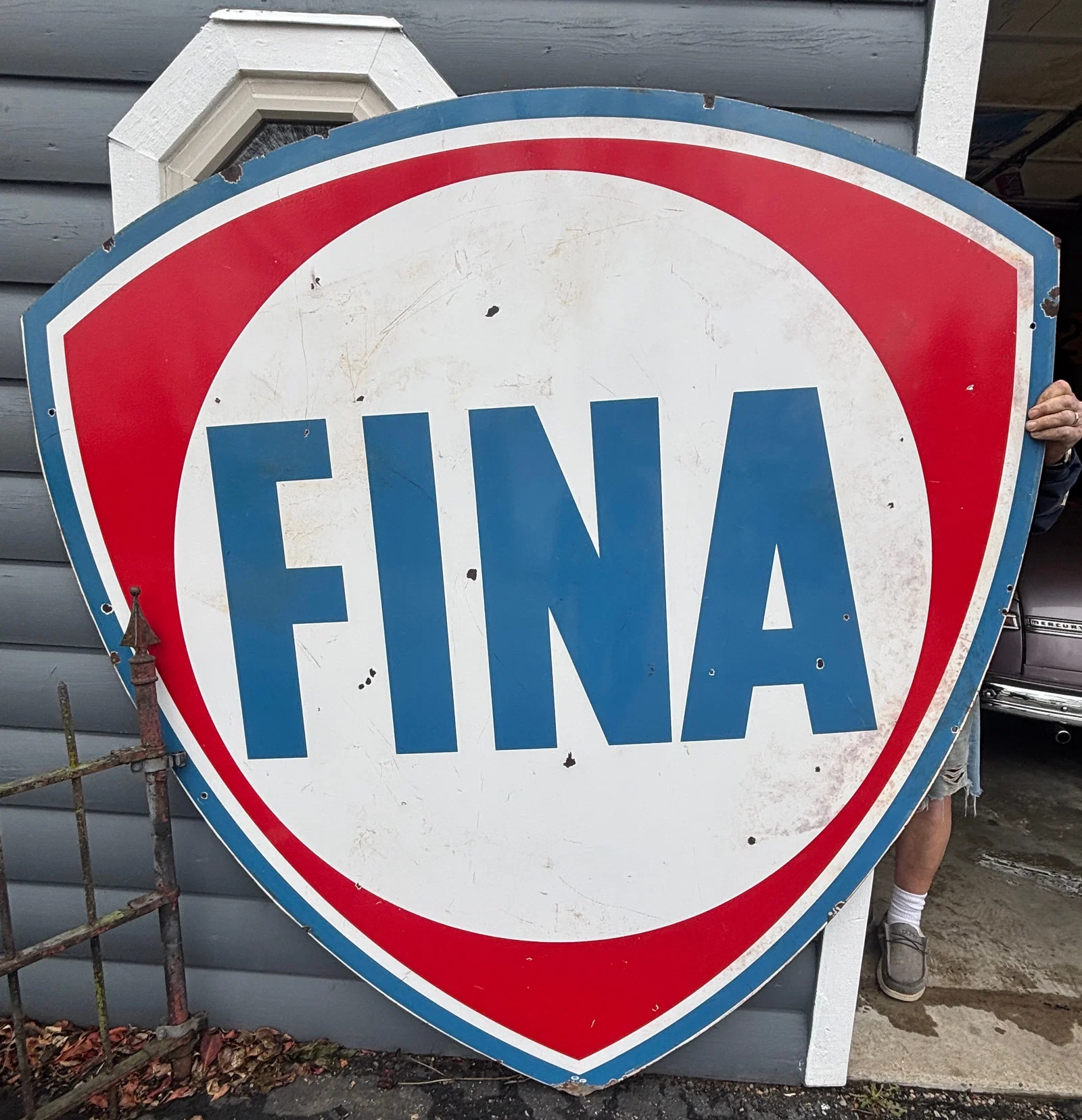 72" 6ft Fina Enamel Porcelain Gasoline Service Shield Sign 1 sided 1950s 60s