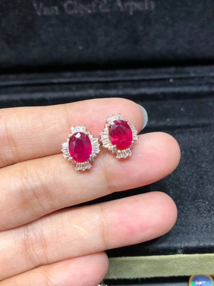 925 sterling silver natural ruby stud earrings