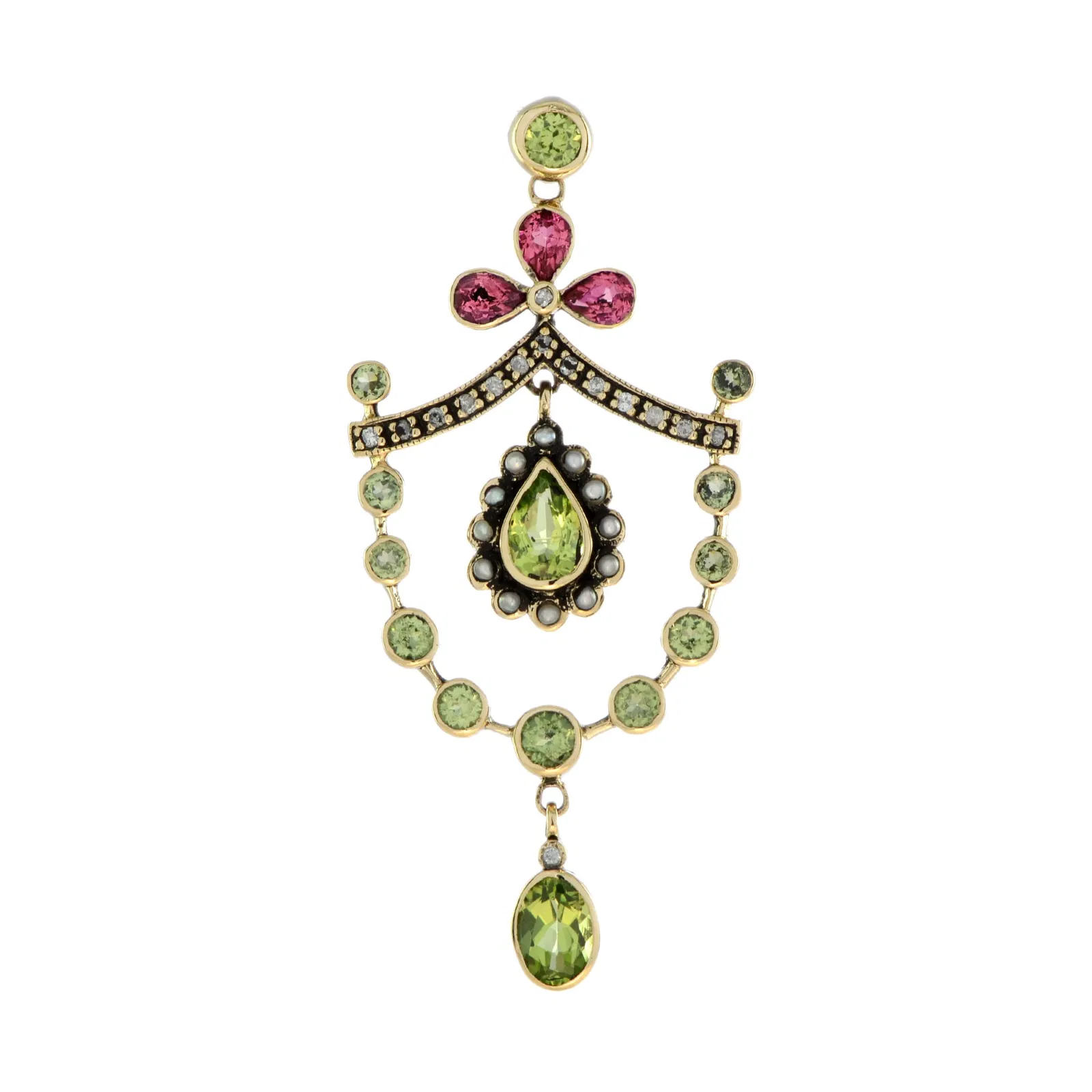 9K Gold Natural Garnet Opal Pearl and Diamond Vintage Style Floral Chandelier Pendant