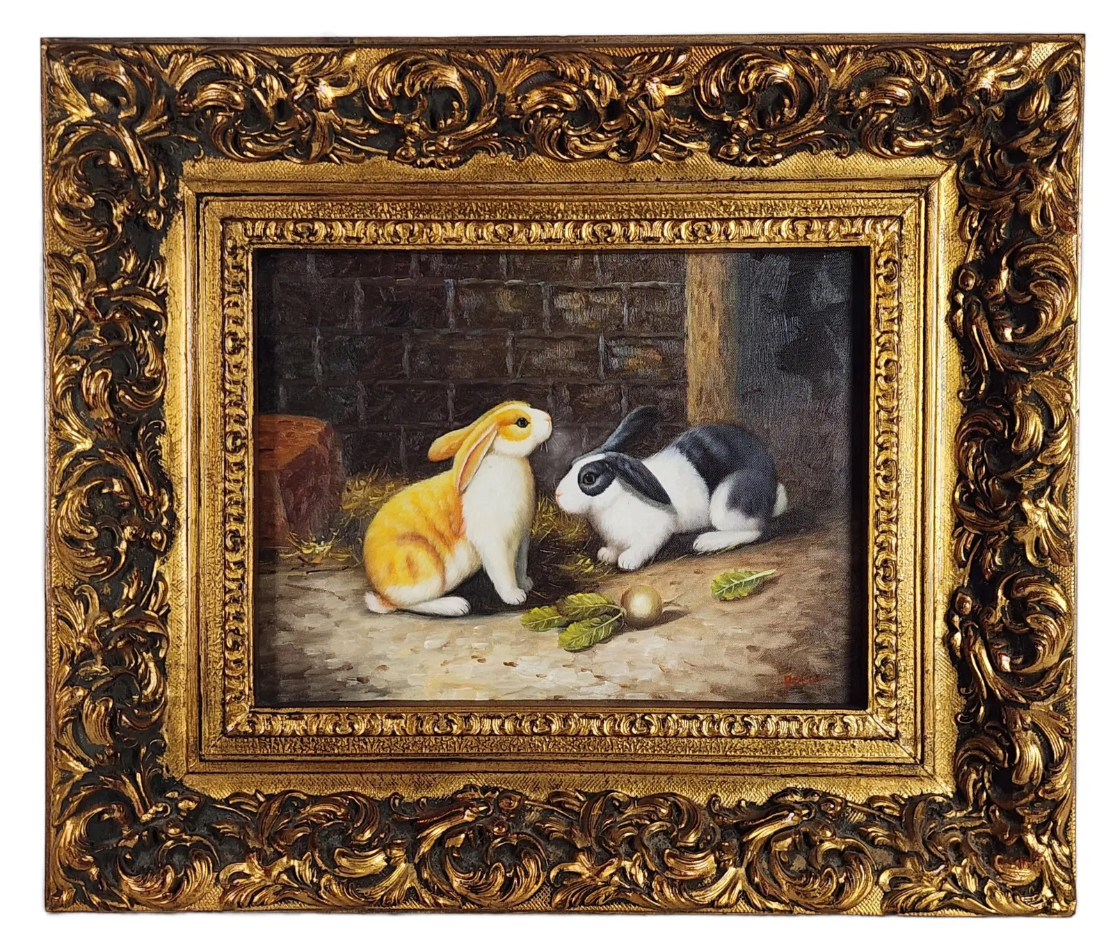 A 20th Century Oil on Canvas Painting, Two Rabbits, Signed, 12" x 16", Framed-22 1/2" x 26 1/4"