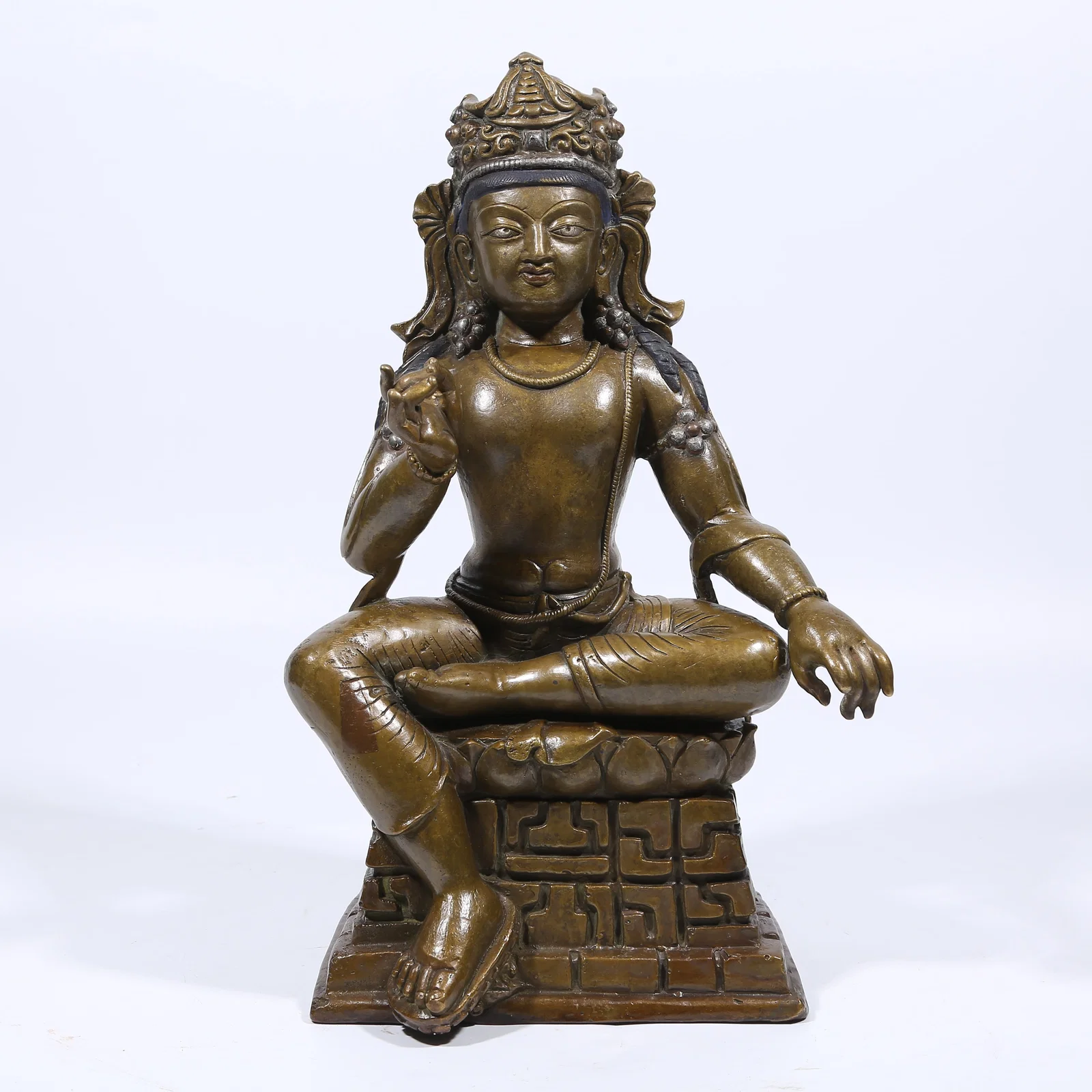 A ALLOY BRONZE SILVER-INLAID MAITREYA BODHISATTVA STATUE