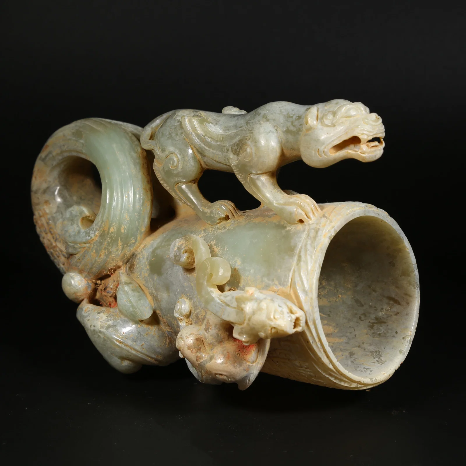 A ANCIENT JADE CUP WITH CHI-DRAGON MOTIF