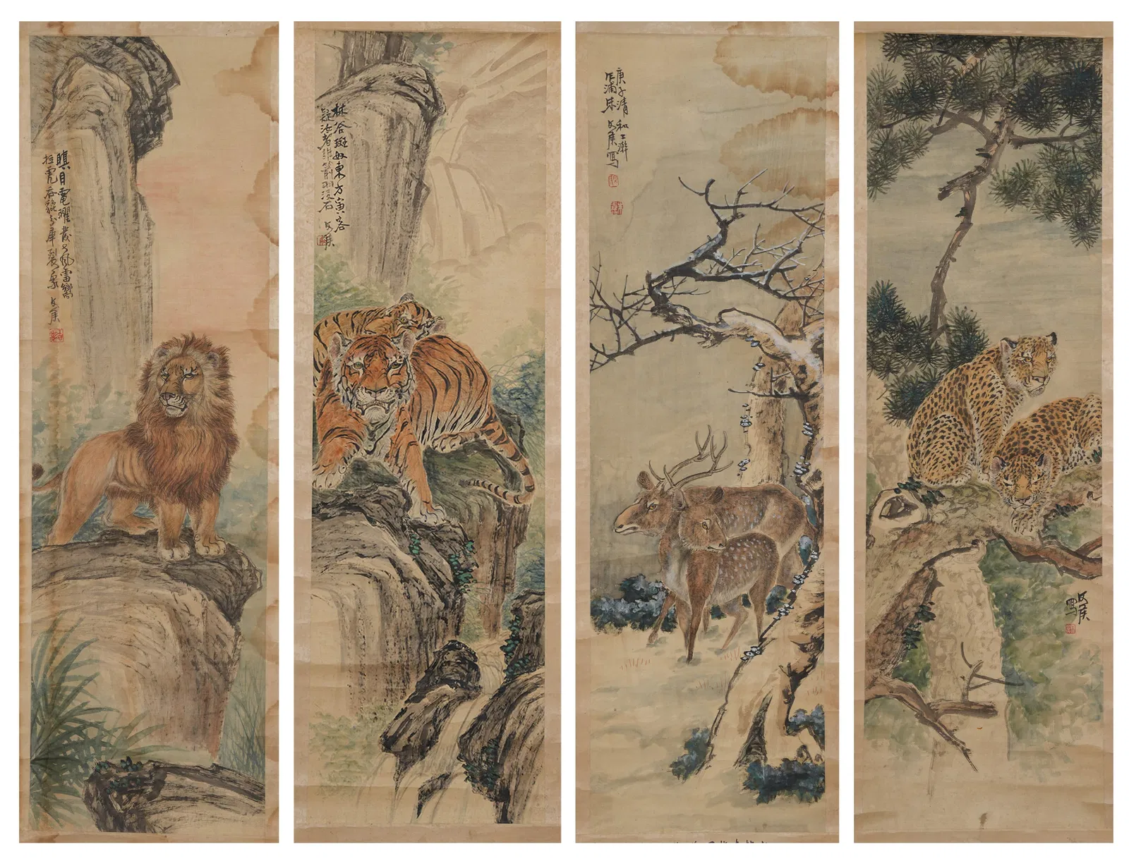 A ANIMAL PAINTINGS ON SILK BY ZHU WENHOU (FOUR PANELS).朱文侯