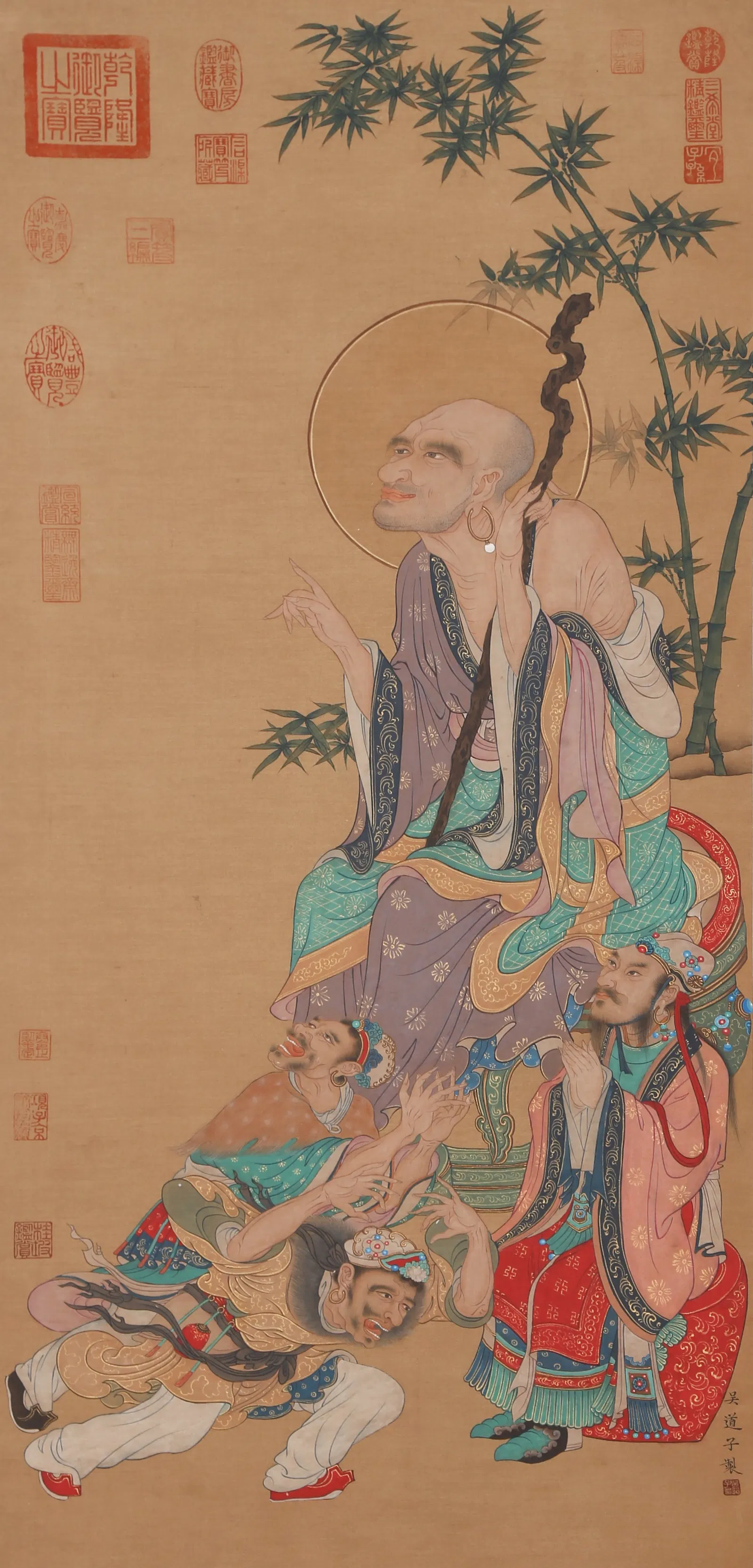 A ARHAT PAINTING ON SILK BY WU DAOZI.吳道子