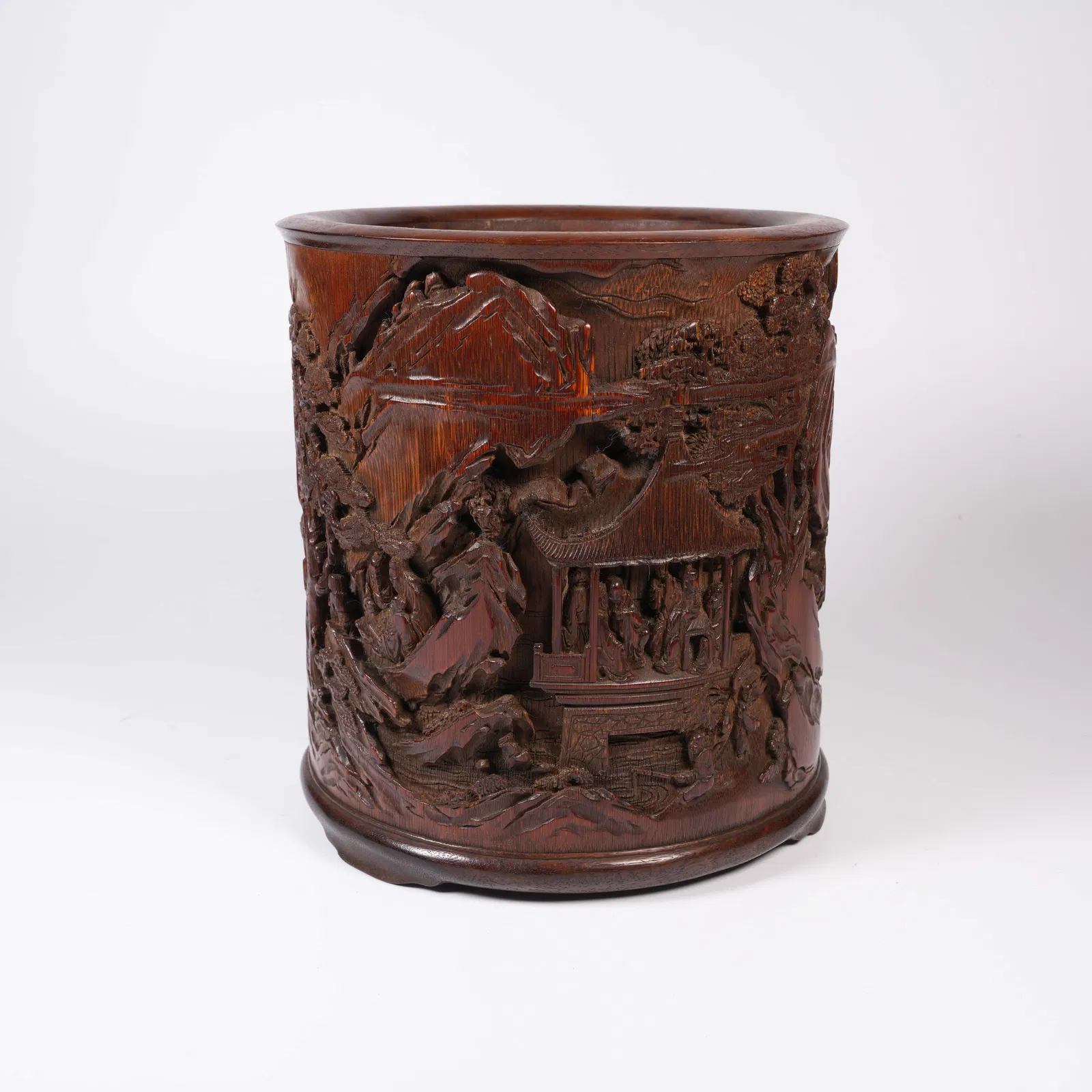 A BAMBOO-CARVED BRUSH POT WITH FIGURE STORY MOTIF