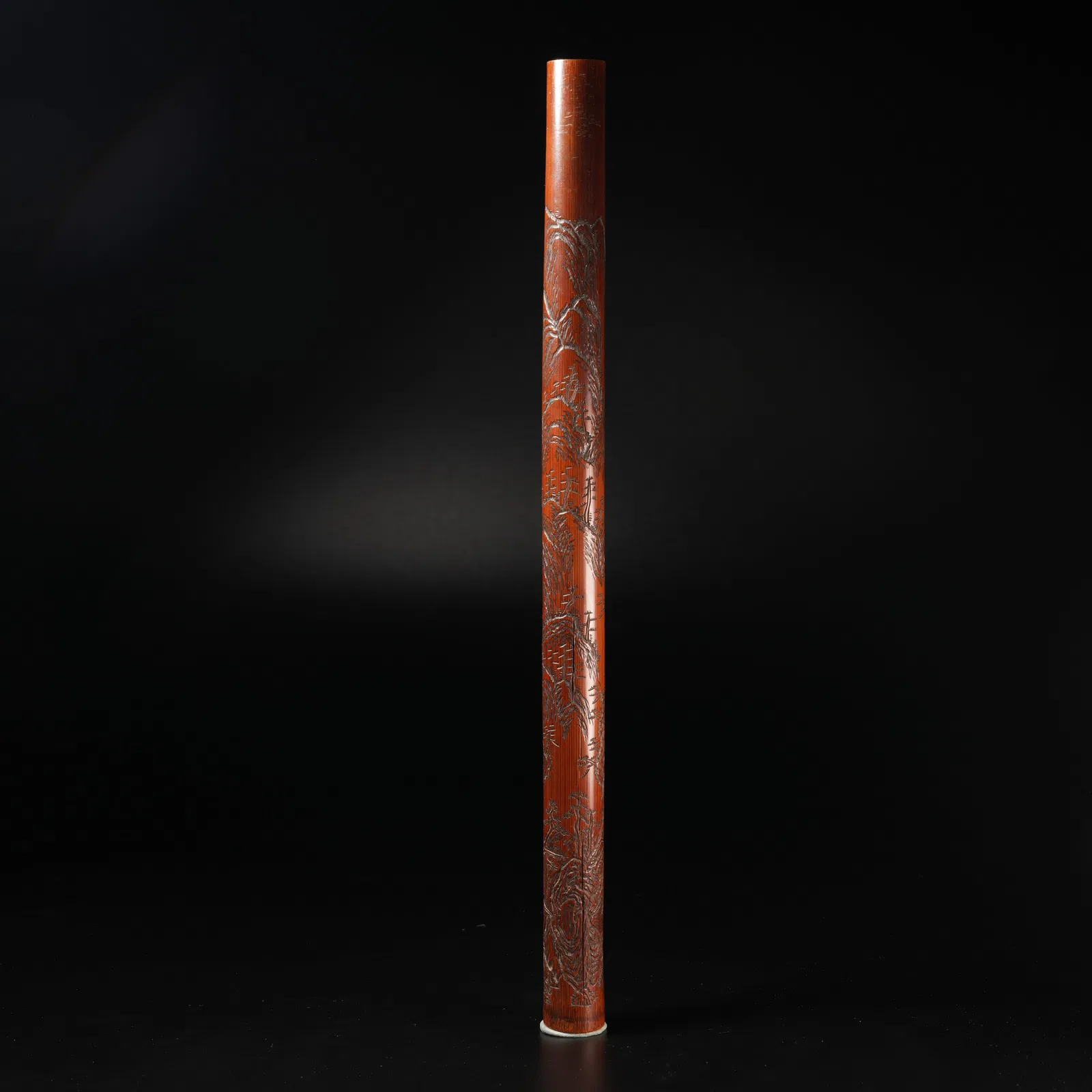 A BAMBOO CARVED INCENSE HOLDER WITH LANDSCAPE PATTERN