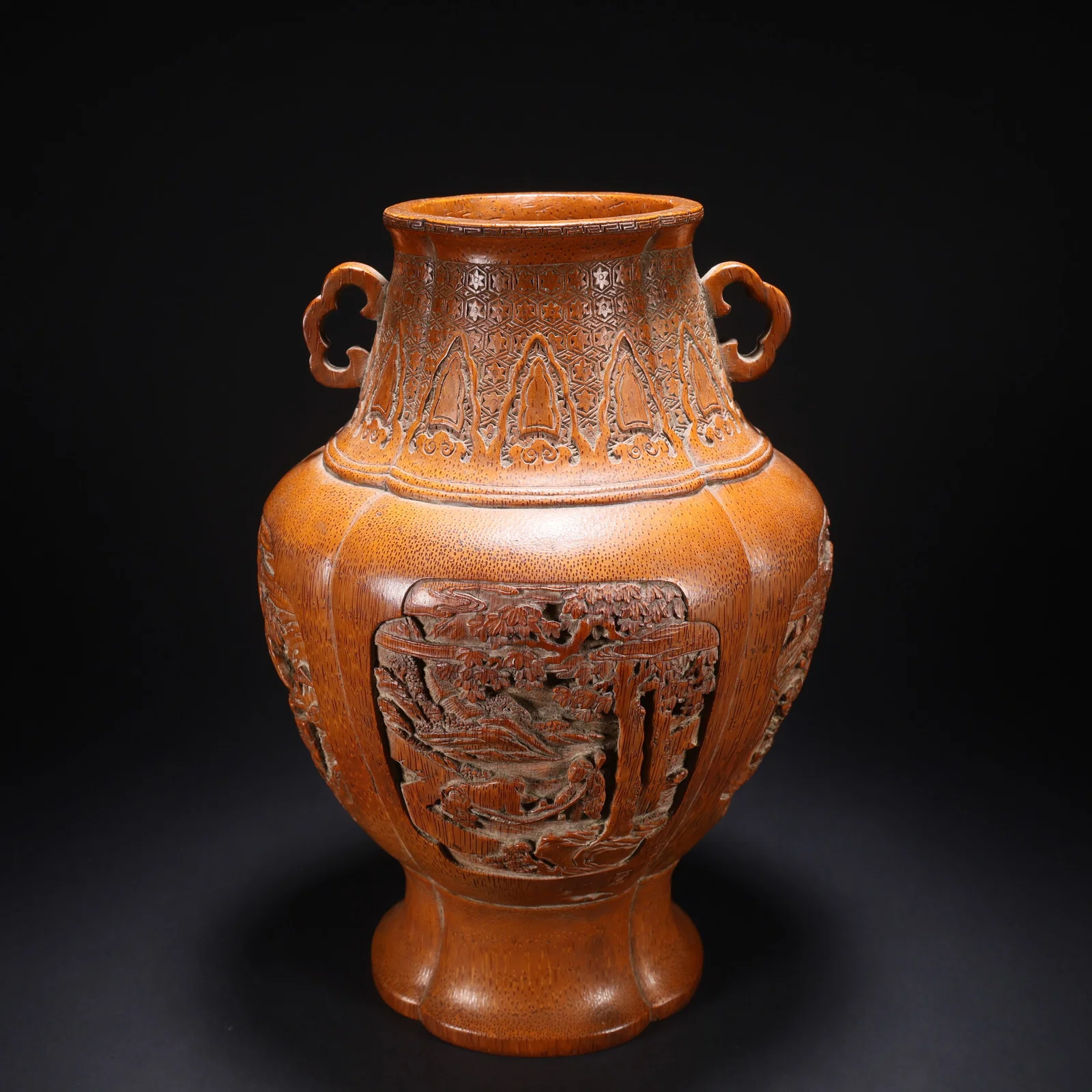 A BAMBOO CARVING FISHERMAN, WOODCUTTER, FARMER, SCHOLAR VASE