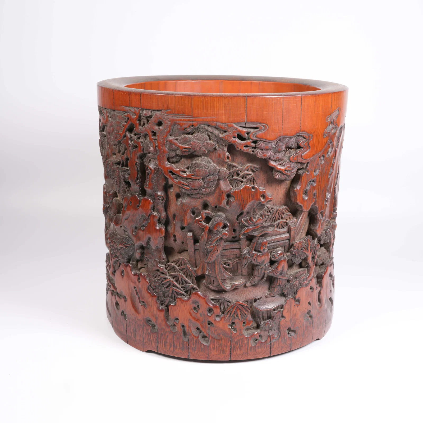 A BAMBOO-ROOT CARVED BRUSH POT WITH FIGURAL NARRATIVE SCENES