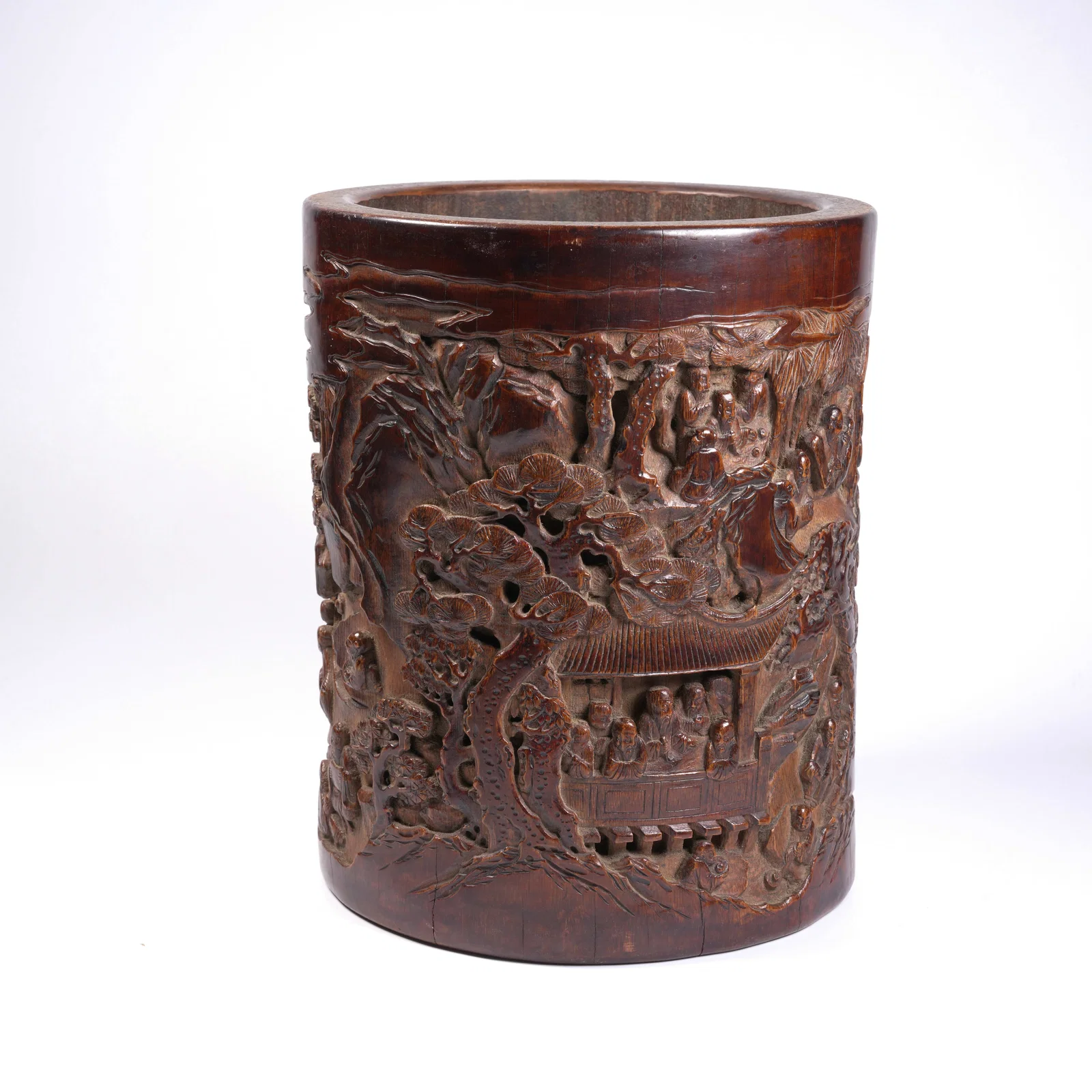 A BAMBOO-ROOT CARVED BRUSH POT WITH LANDSCAPE AND FIGURES
