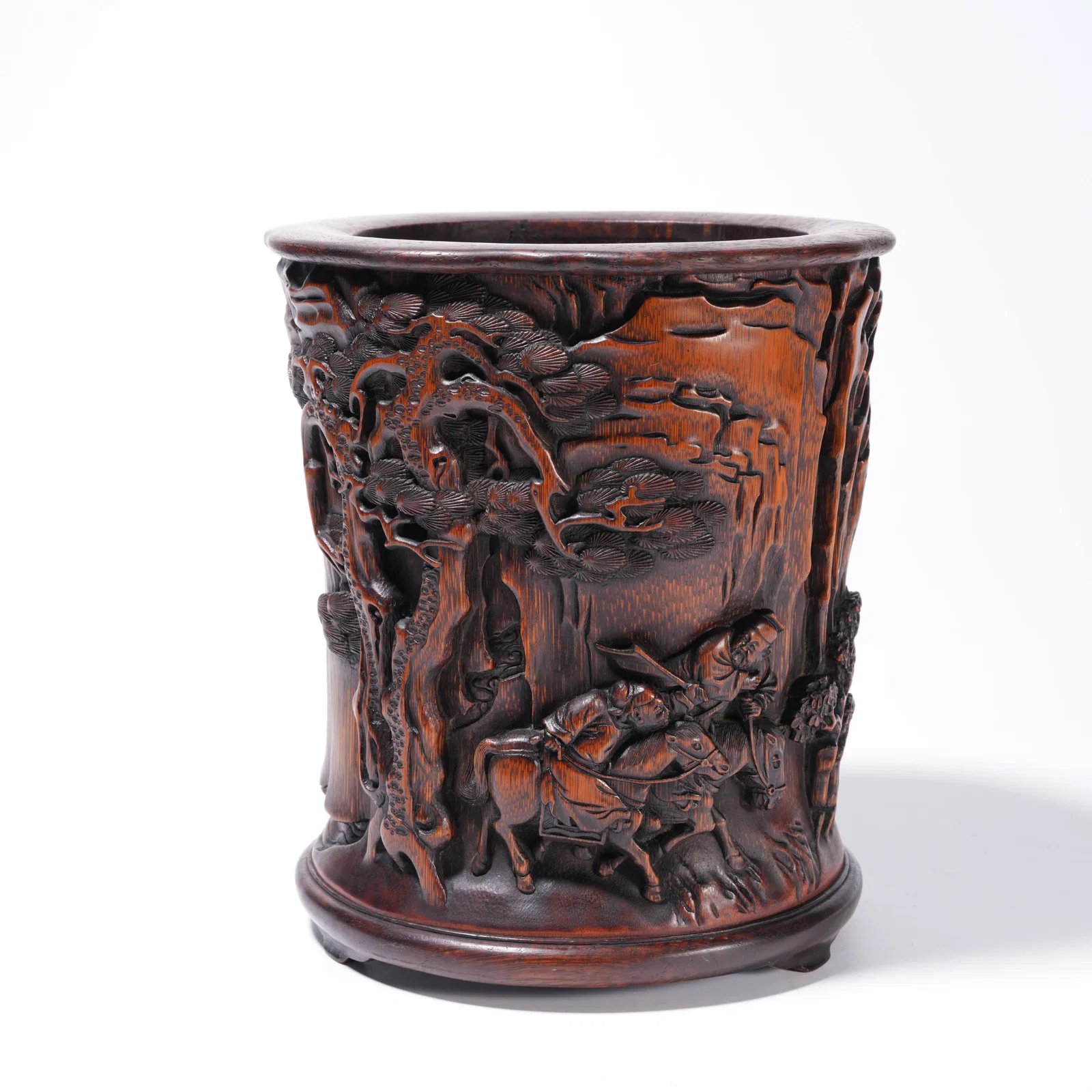 A BAMBOO ROOT CARVING SCHOLAR ELEGANT GATHERING-PATTERN BRUSH HOLDER