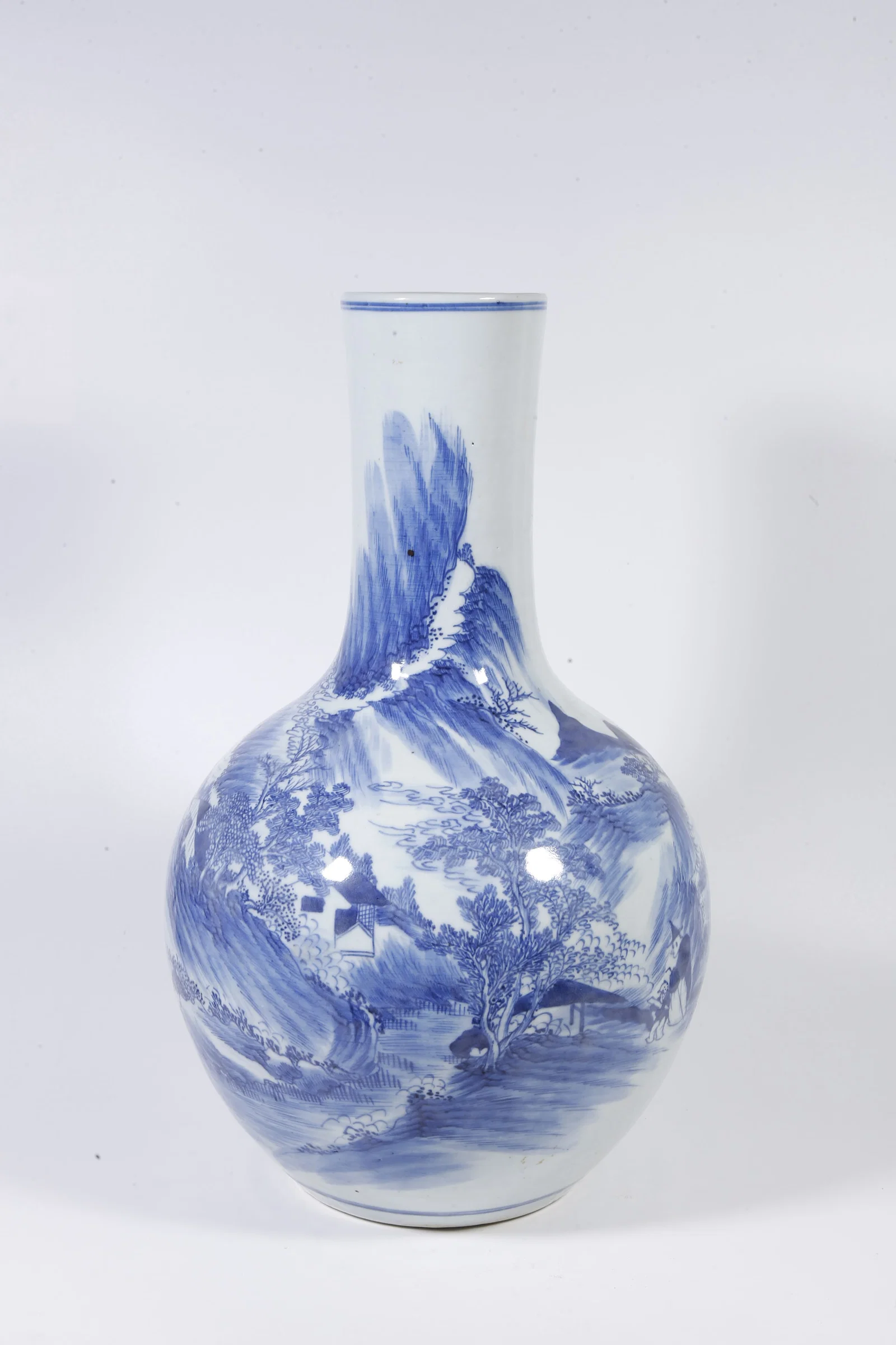 A BLUE-AND-WHITE GLOBULAR VASE WITH LANDSCAPE AND FIGURE DECORATION
