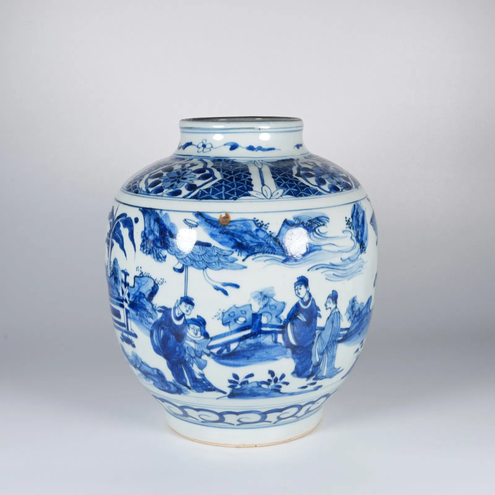 A BLUE-AND-WHITE JAR WITH FIGURE STORY SCENE