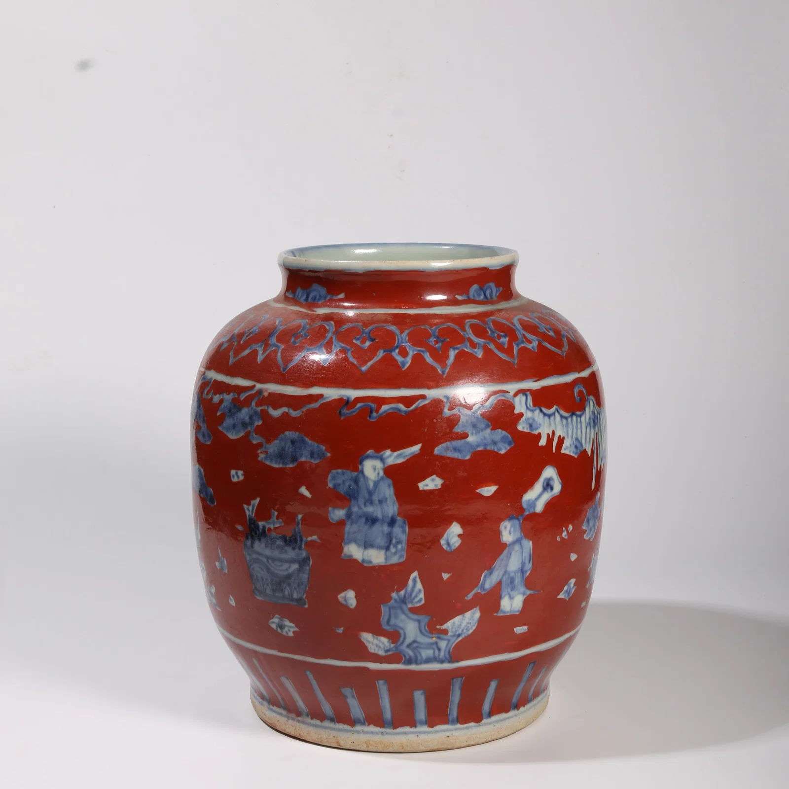 A BLUE-AND-WHITE LANTERN JAR WITH BRONZE-RED FIGURES MOTIF