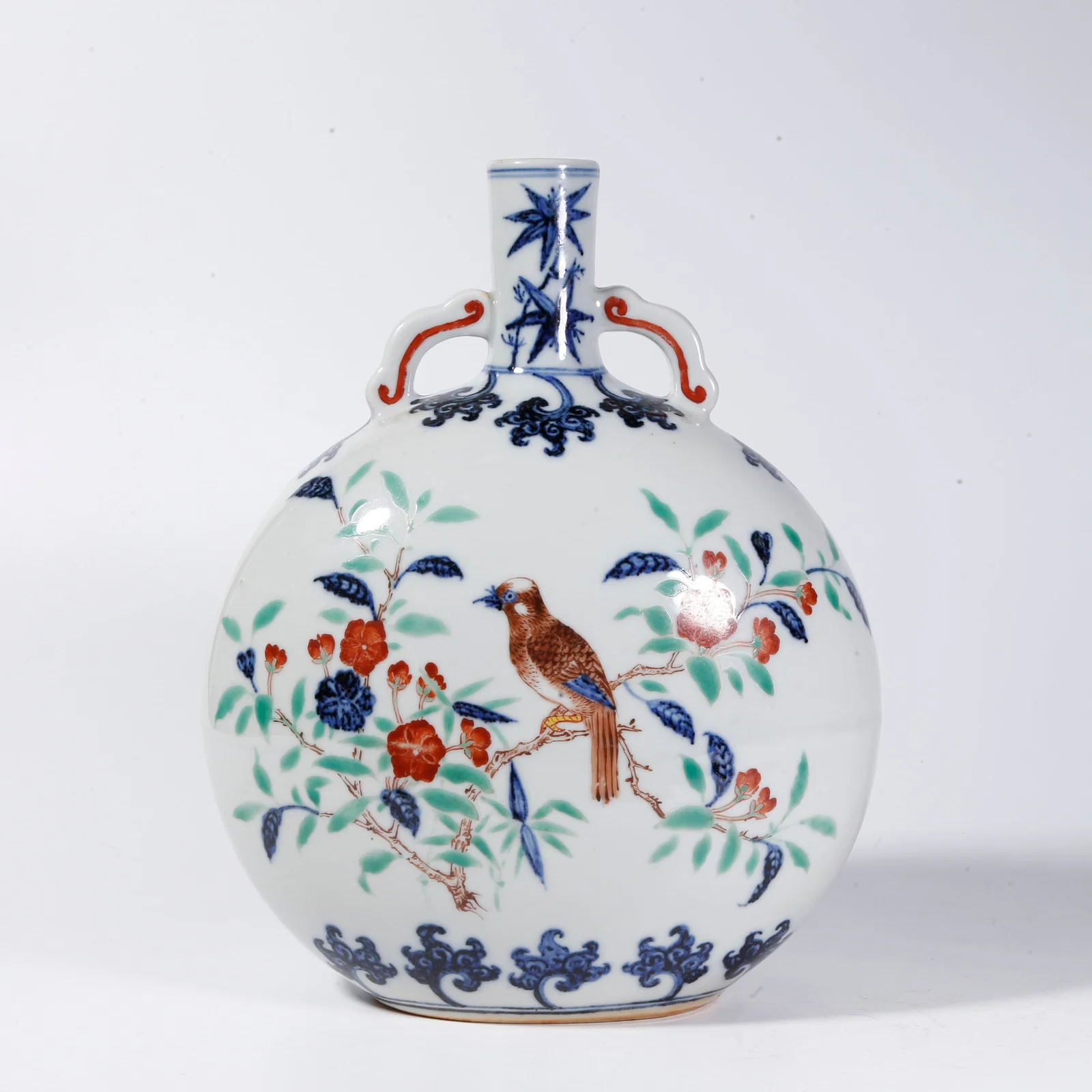 A BLUE-AND-WHITE UNDERGLAZE-RED MOON-EMBRACING VASE WITH FLOWER-AND-BIRD MOTIFS
