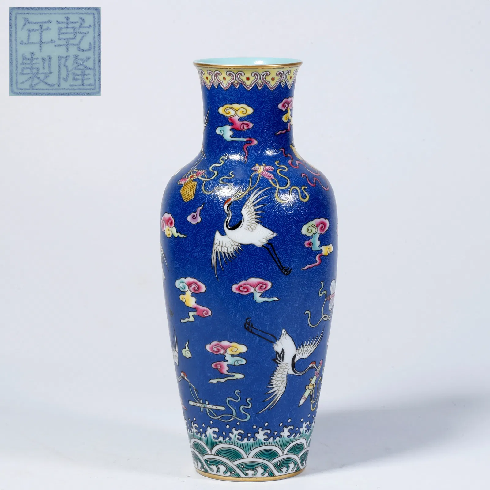 A BLUE-GLAZED VASE WITH CRANE DESIGN