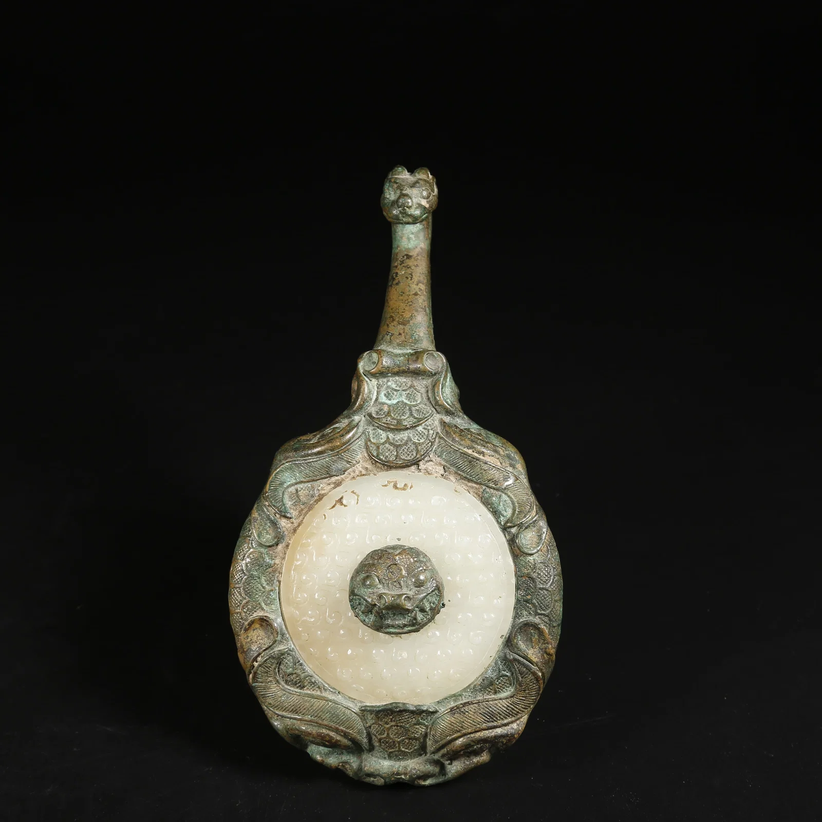 A BRONZE BELT HOOK INLAID WITH HETIAN JADE